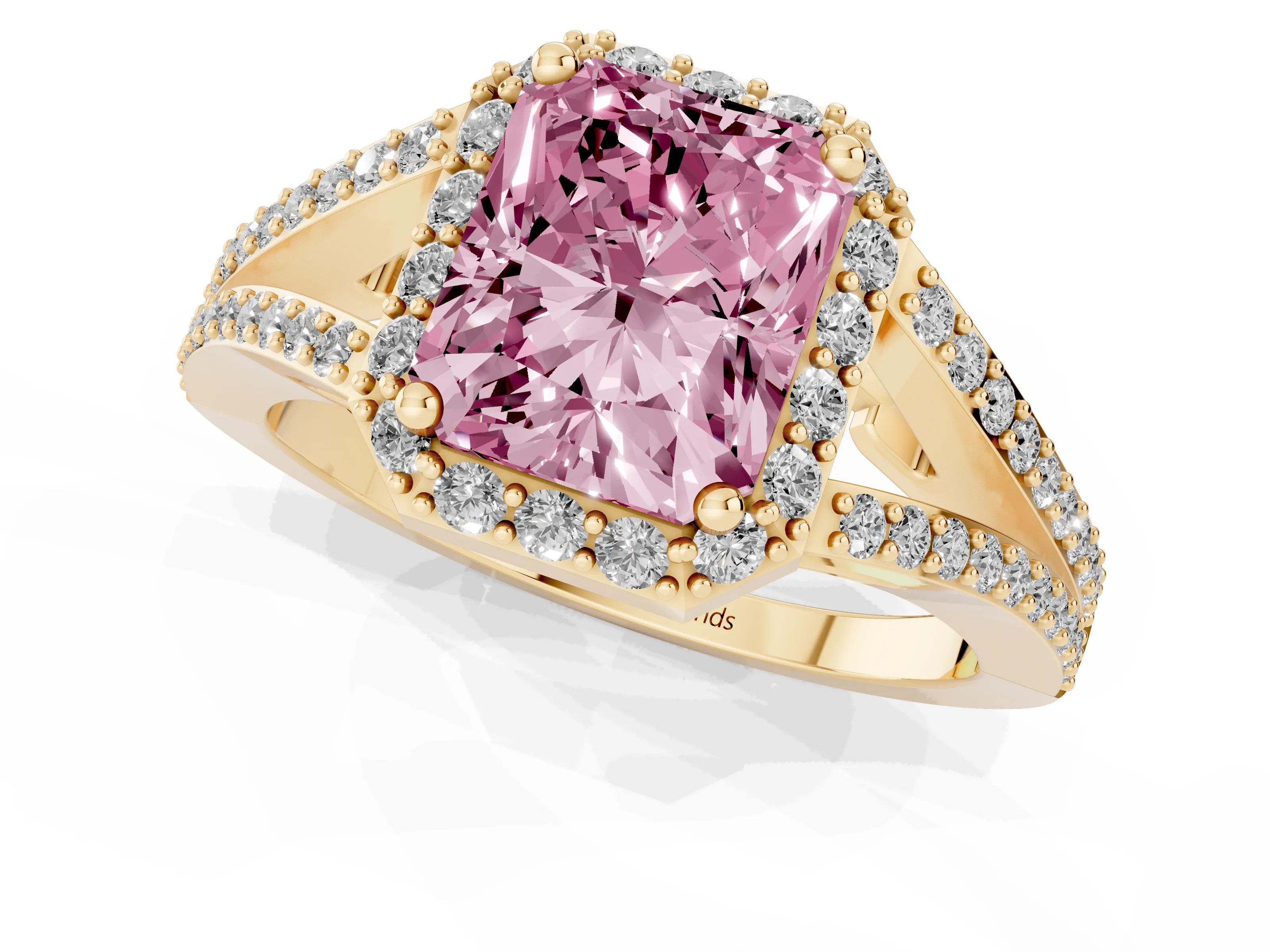 Fancy Pink Radiant Cut Diamond Halo Split Shank Pavé Ring Set in Yellow gold with Prong Setting