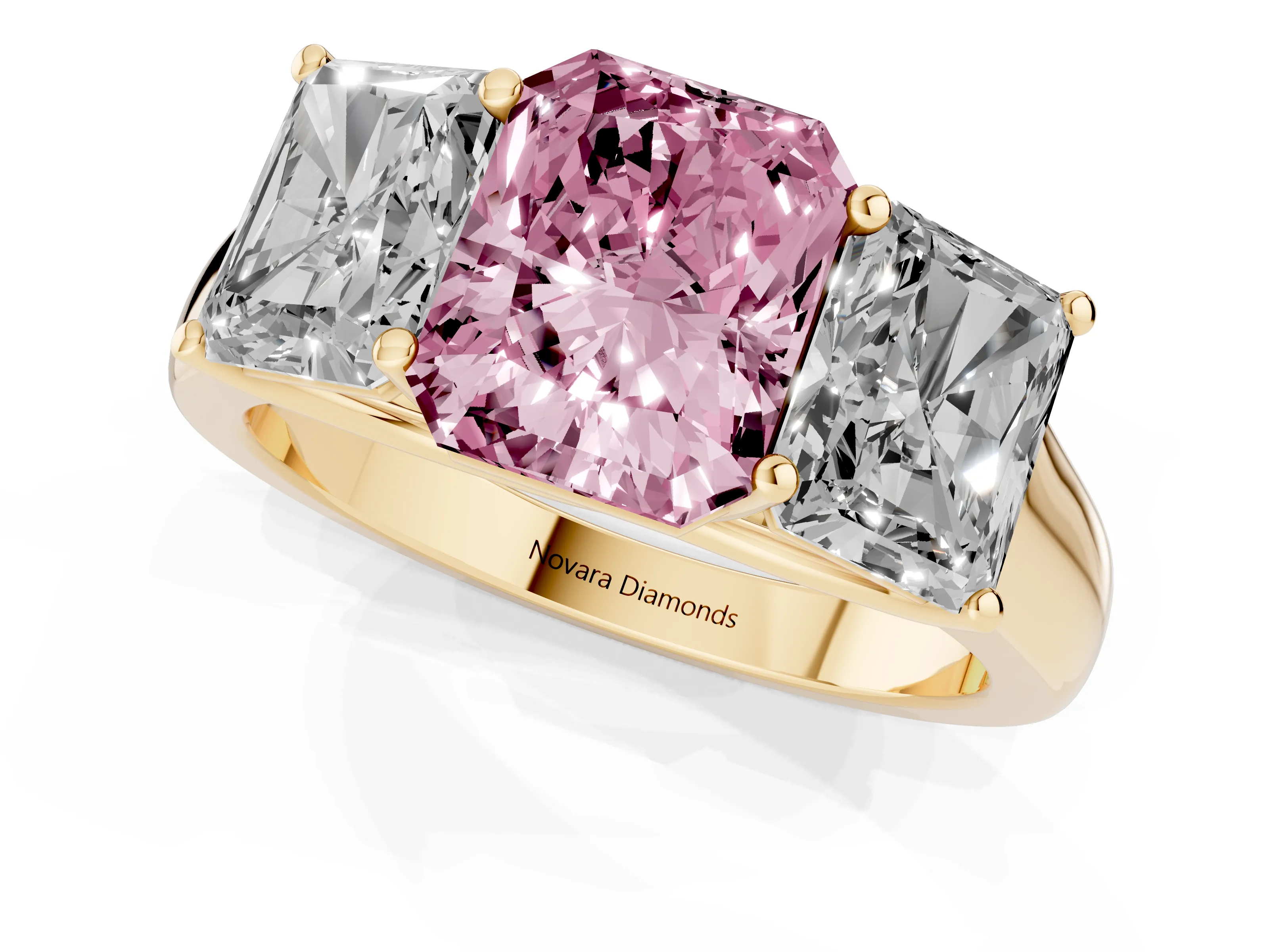 Fancy Pink Radiant Cut Diamond Three-Stone Ring Set in Yellow gold with Plain Polished Band