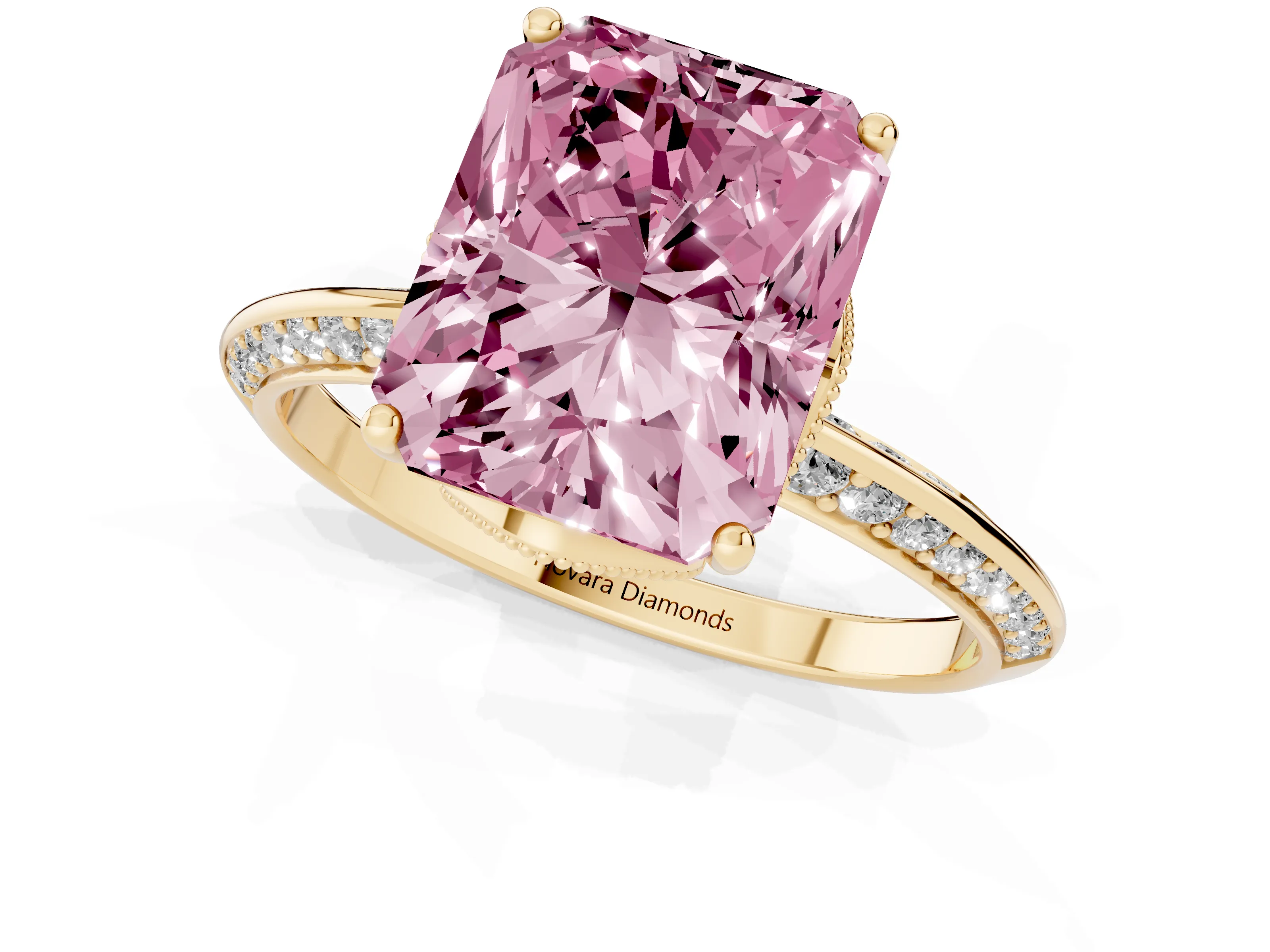 Fancy Pink Radiant Cut Diamond Solitaire Engagement Ring Set in Yellow gold with Pavé Split Shank and Prong Setting