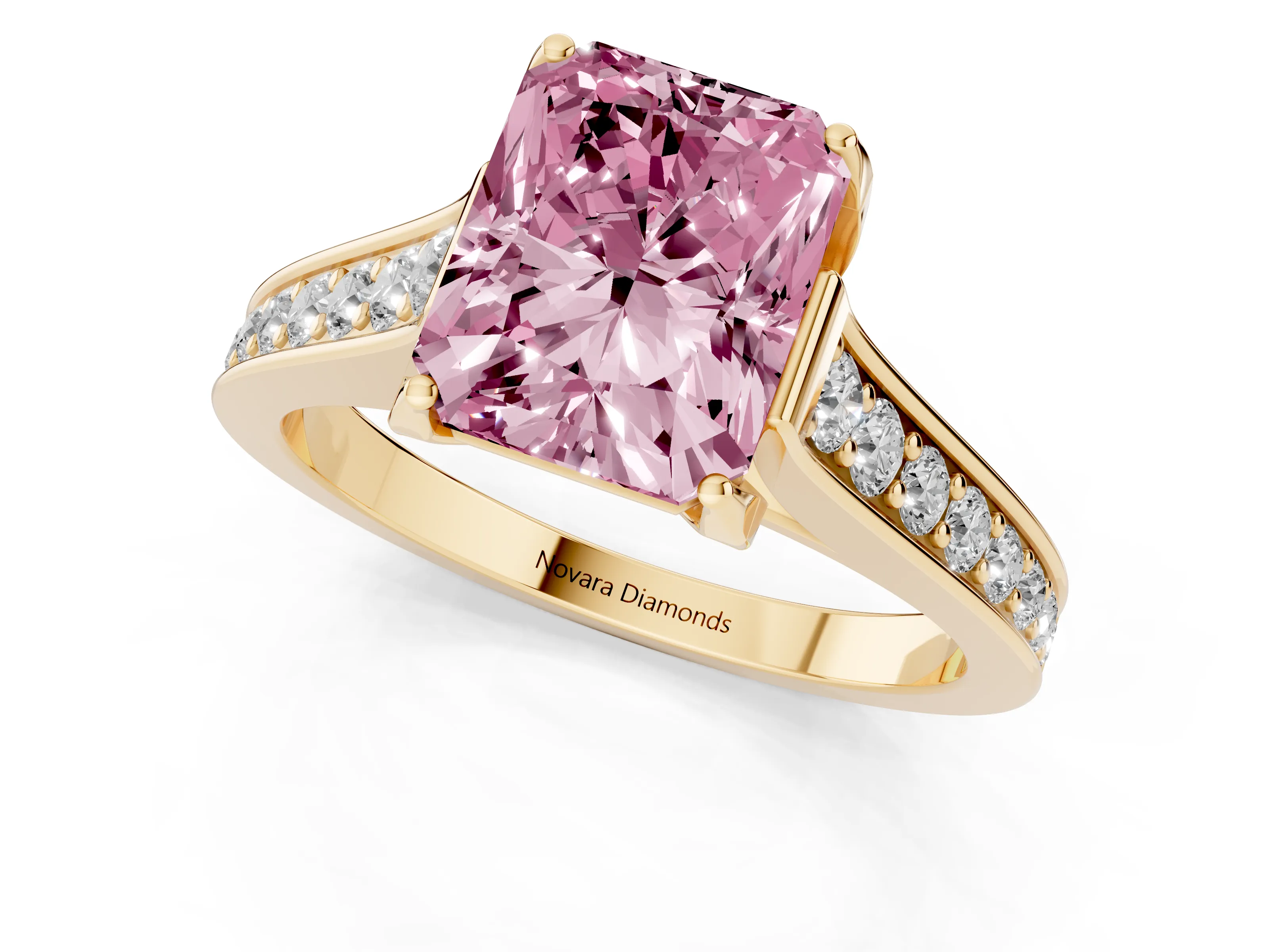 Fancy Pink Radiant Cut Diamond Solitaire Pavé Engagement Ring Set in Yellow gold with Prong Setting