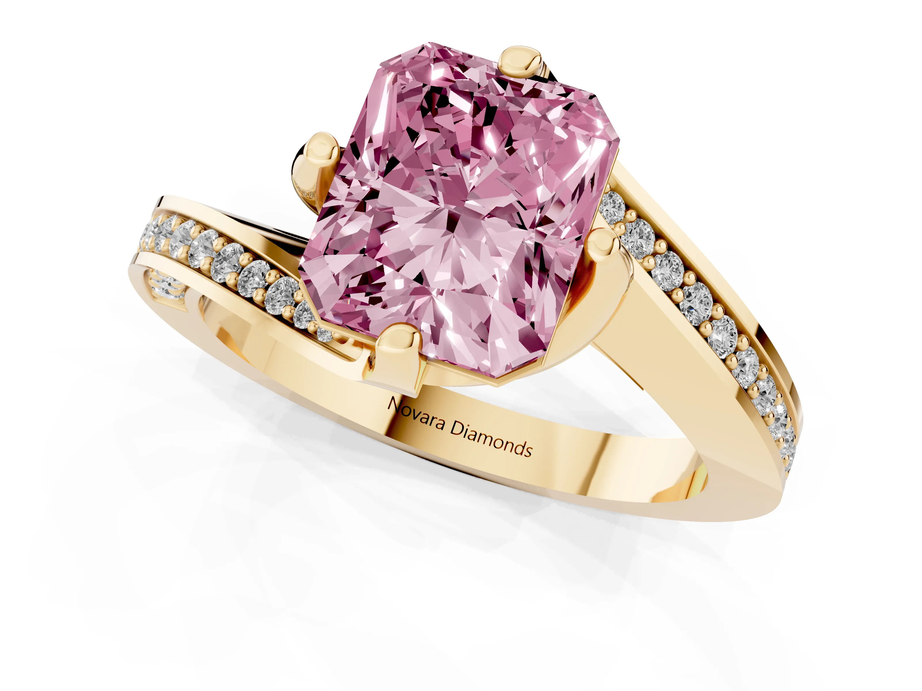 Fancy Pink Radiant Cut Diamond Solitaire Ring Set in Yellow gold with Intertwined Pavé Twist Band