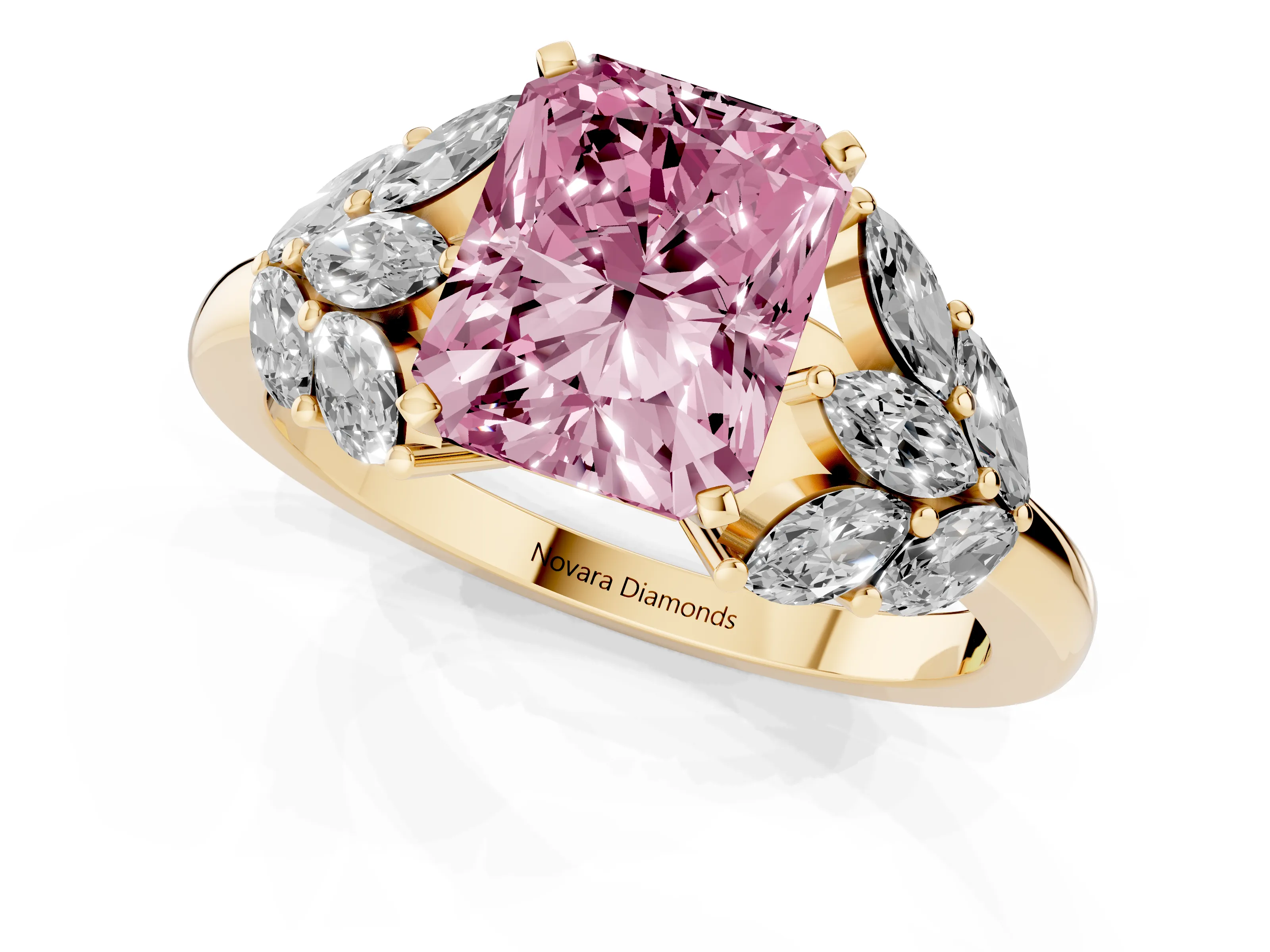 Fancy Pink Radiant Cut Diamond Cluster Leaf Design Ring Set in Yellow gold with Prong Setting