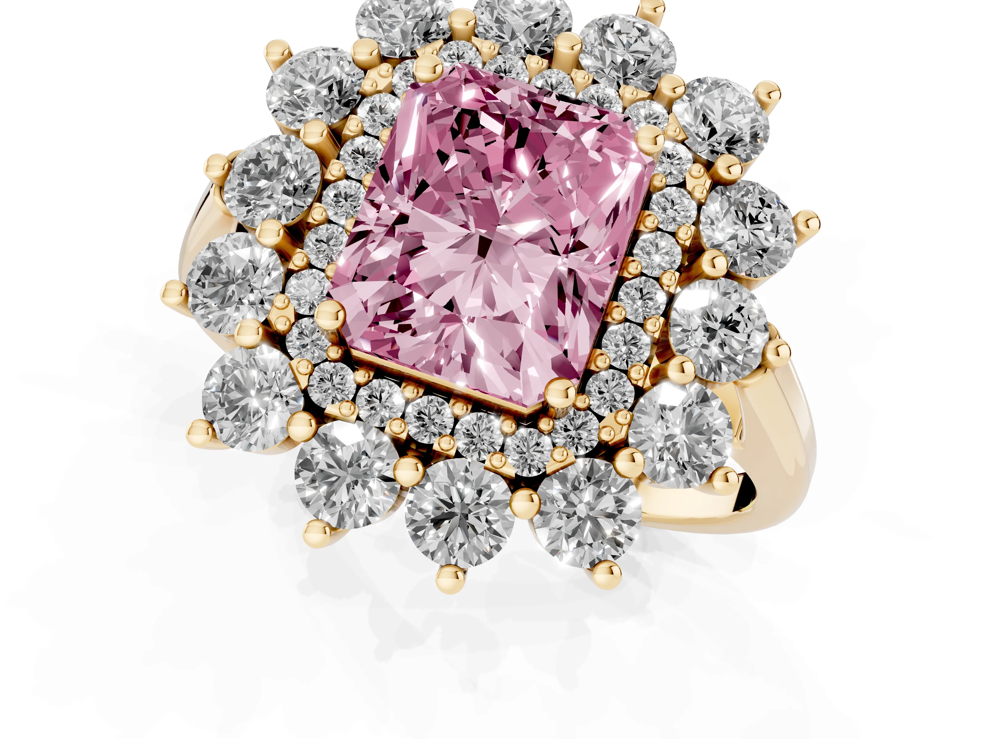 Fancy Pink Radiant Cut Diamond Floral Double Halo Ring Set in Yellow gold with Round Petals