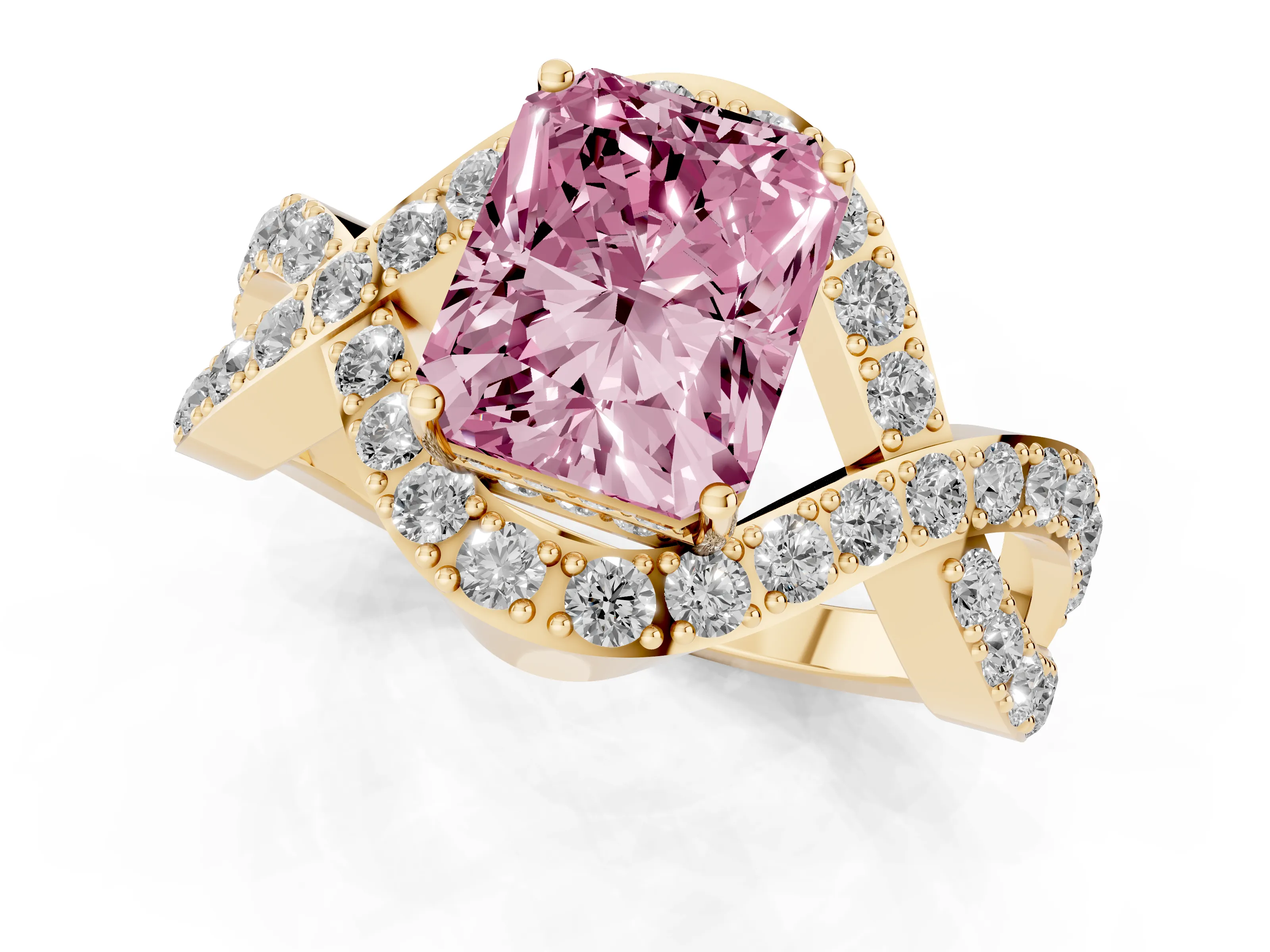 Fancy Pink Radiant Cut Diamond Solitaire Twist Band Pavé Engagement Ring Set in Yellow gold