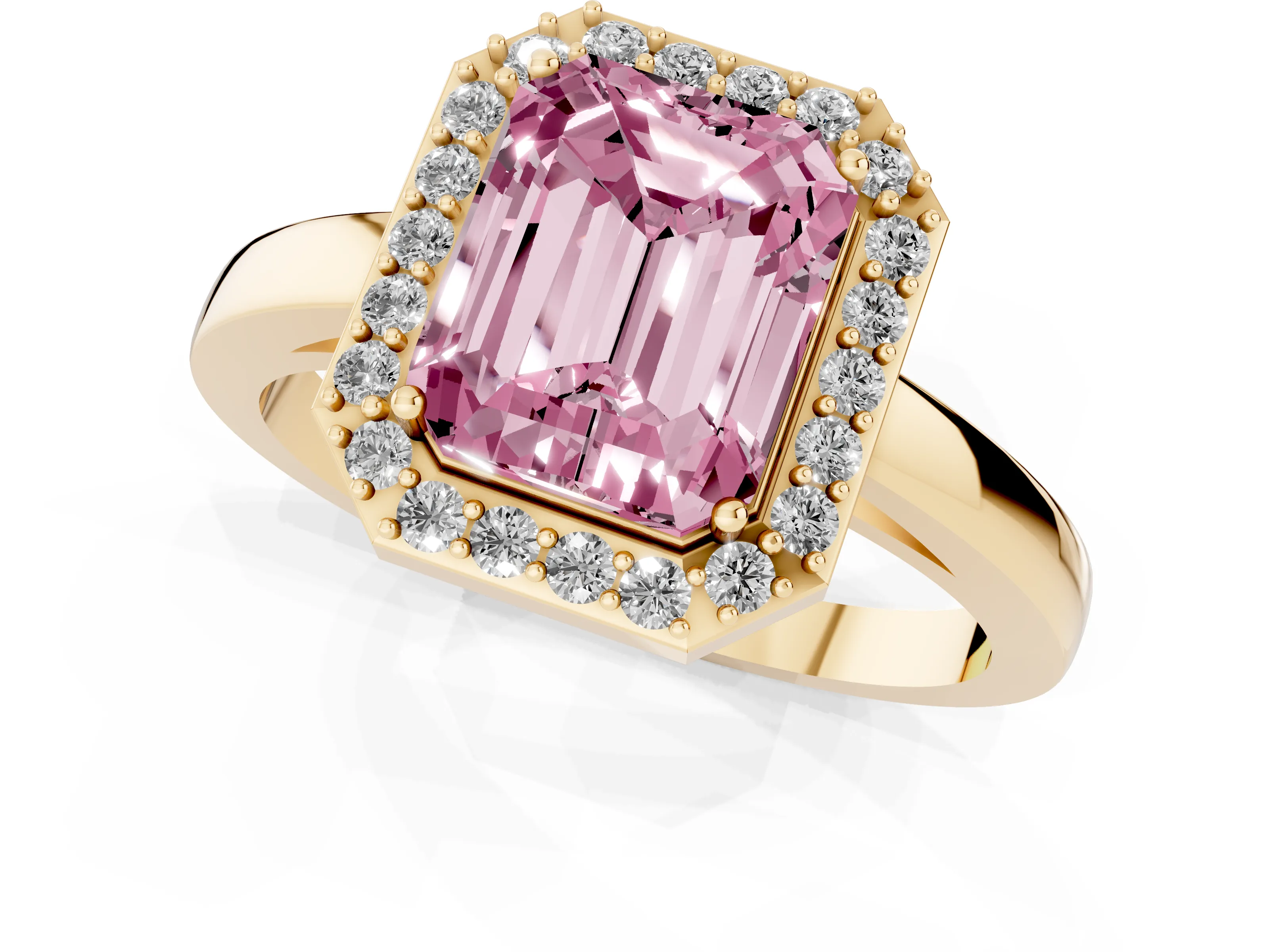 Fancy Pink Radiant Cut Diamond Halo Ring Set in Yellow gold with Solitaire Band and Prong Setting