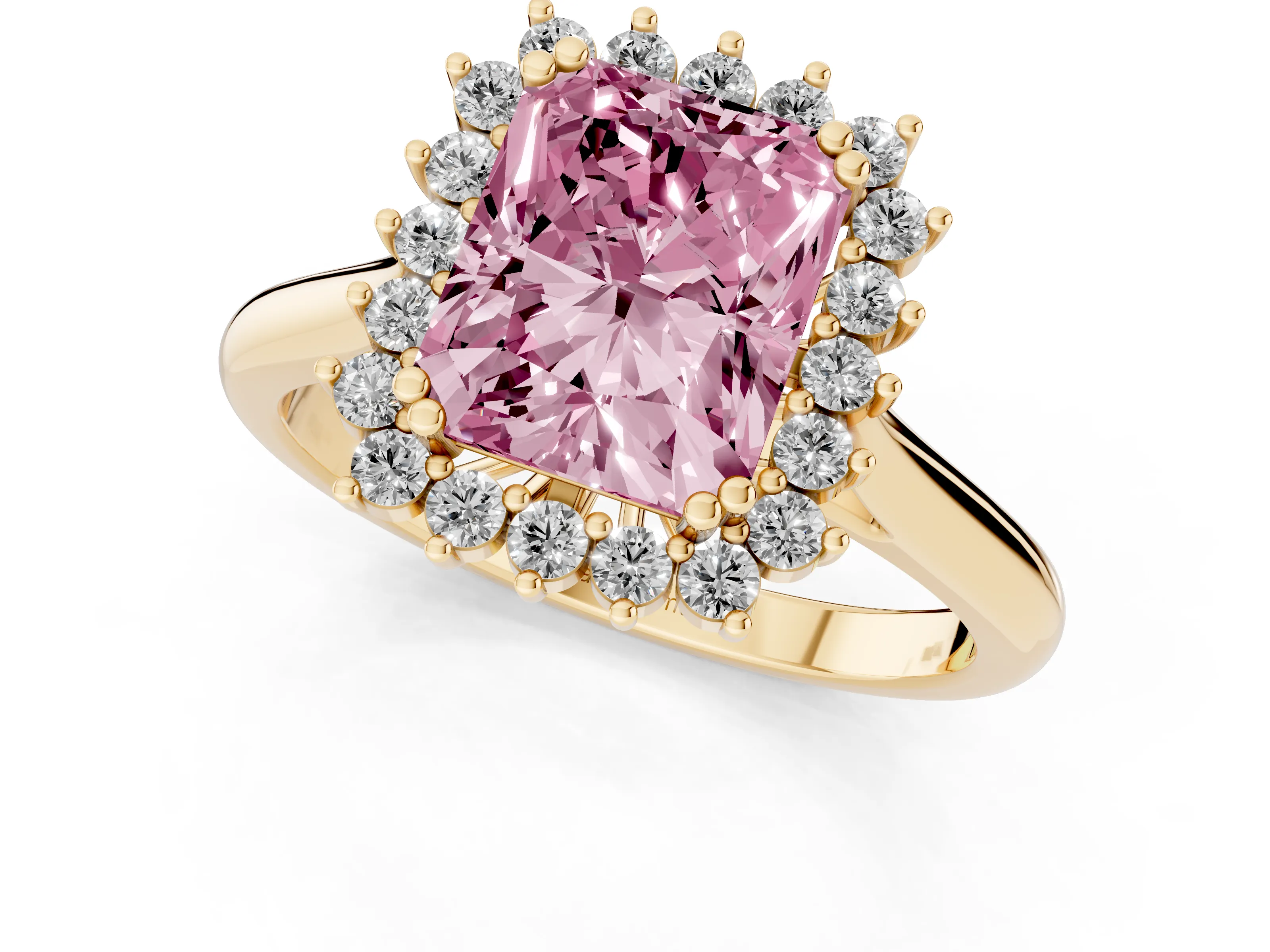 Fancy Pink Radiant Cut Diamond Halo Ring Set in Yellow gold with Plain Solitaire Band and Prong Setting