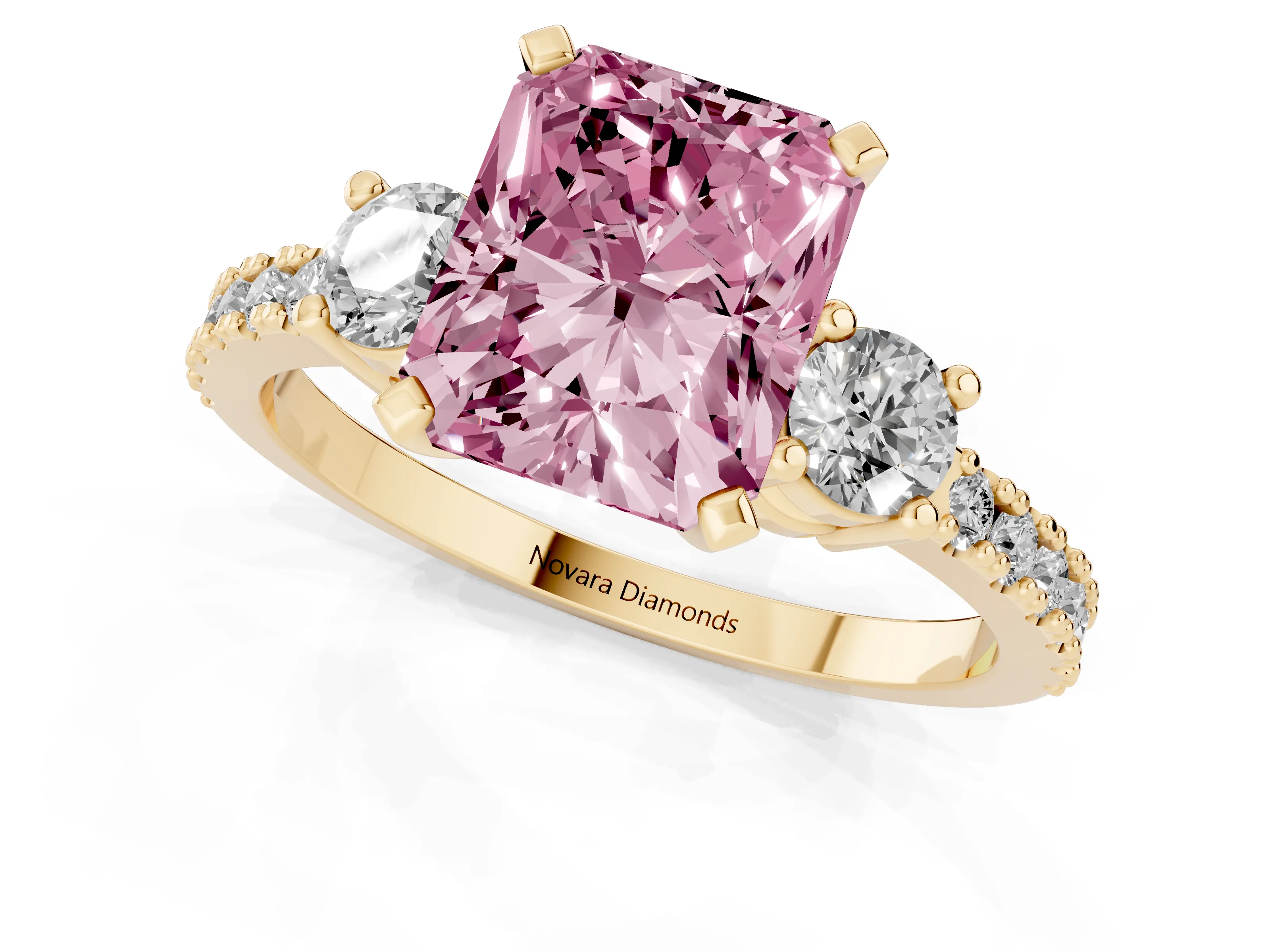 Fancy Pink Three-Stone Radiant Cut Diamond Pavé Band Ring Set in Yellow gold with Prong Setting