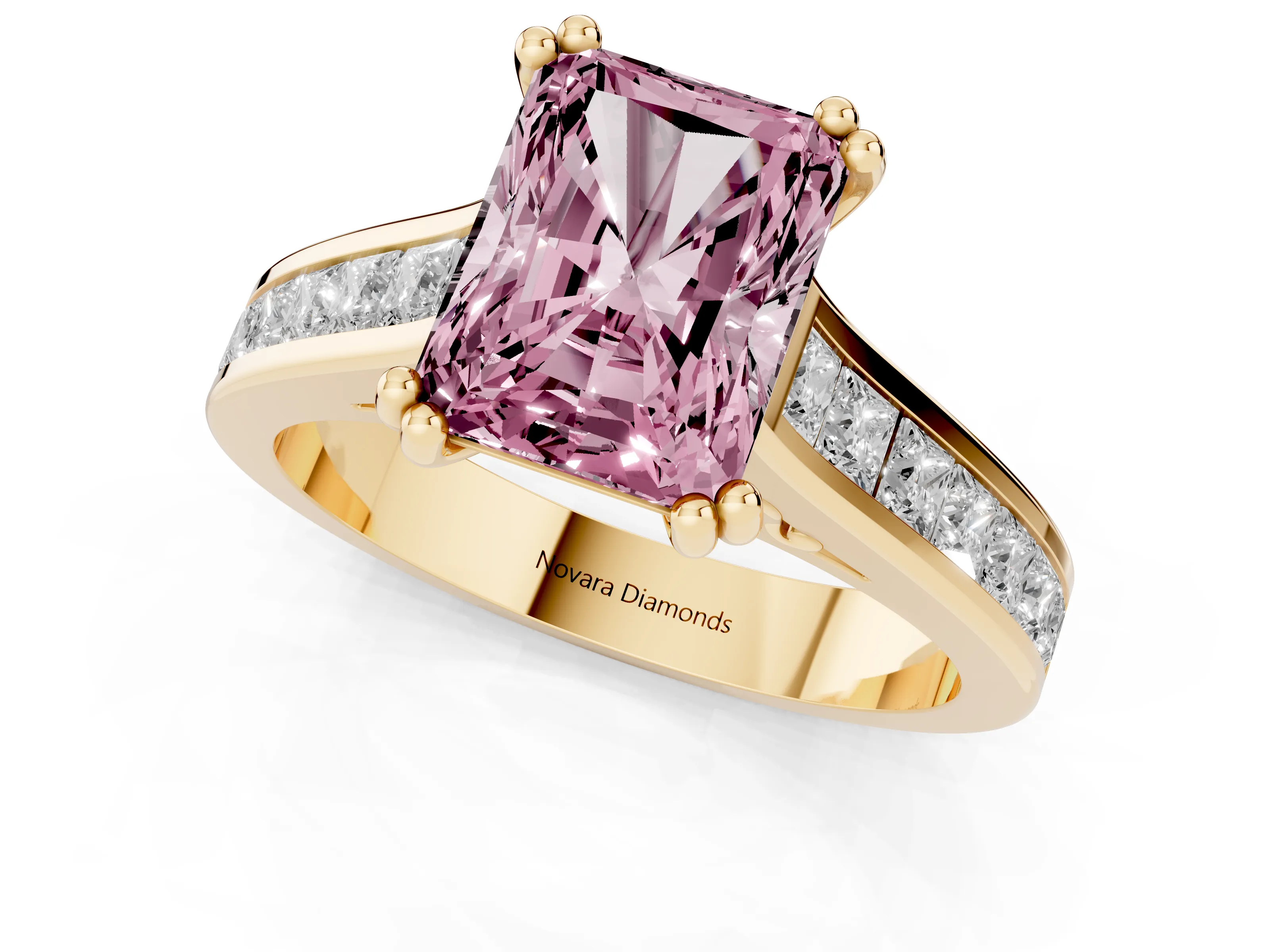 Fancy Pink Radiant Cut Diamond Channel Set Solitaire Engagement Ring Set in Yellow gold with Prong Setting