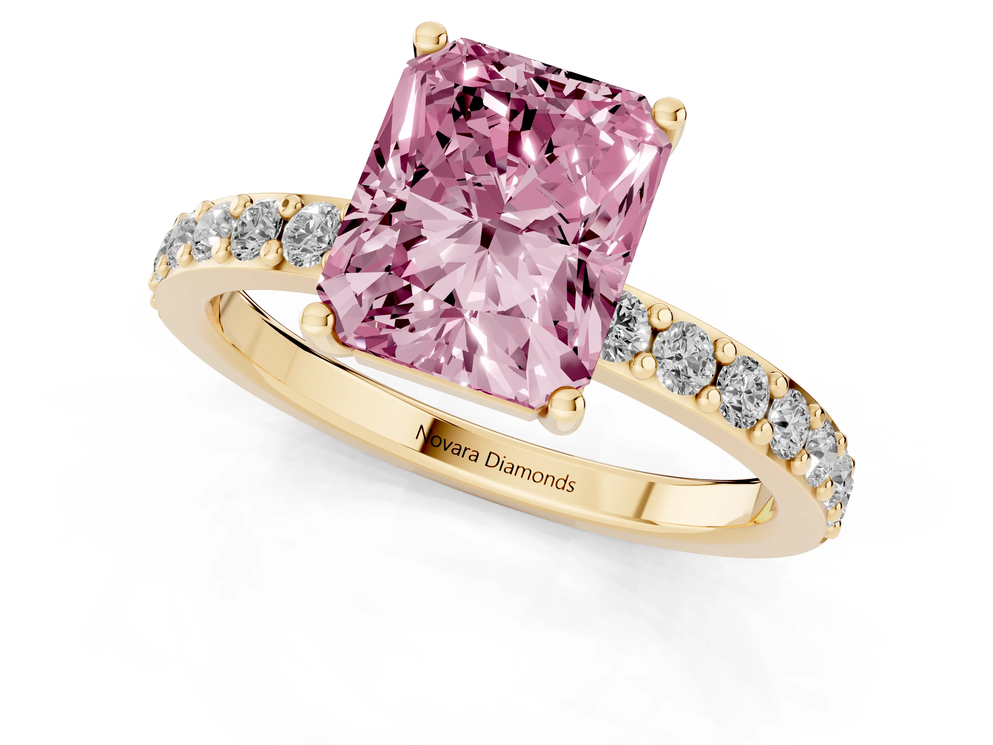 Fancy Pink Radiant Cut Diamond Solitaire Set in Yellow gold with Round Pavé Band and Prong Setting