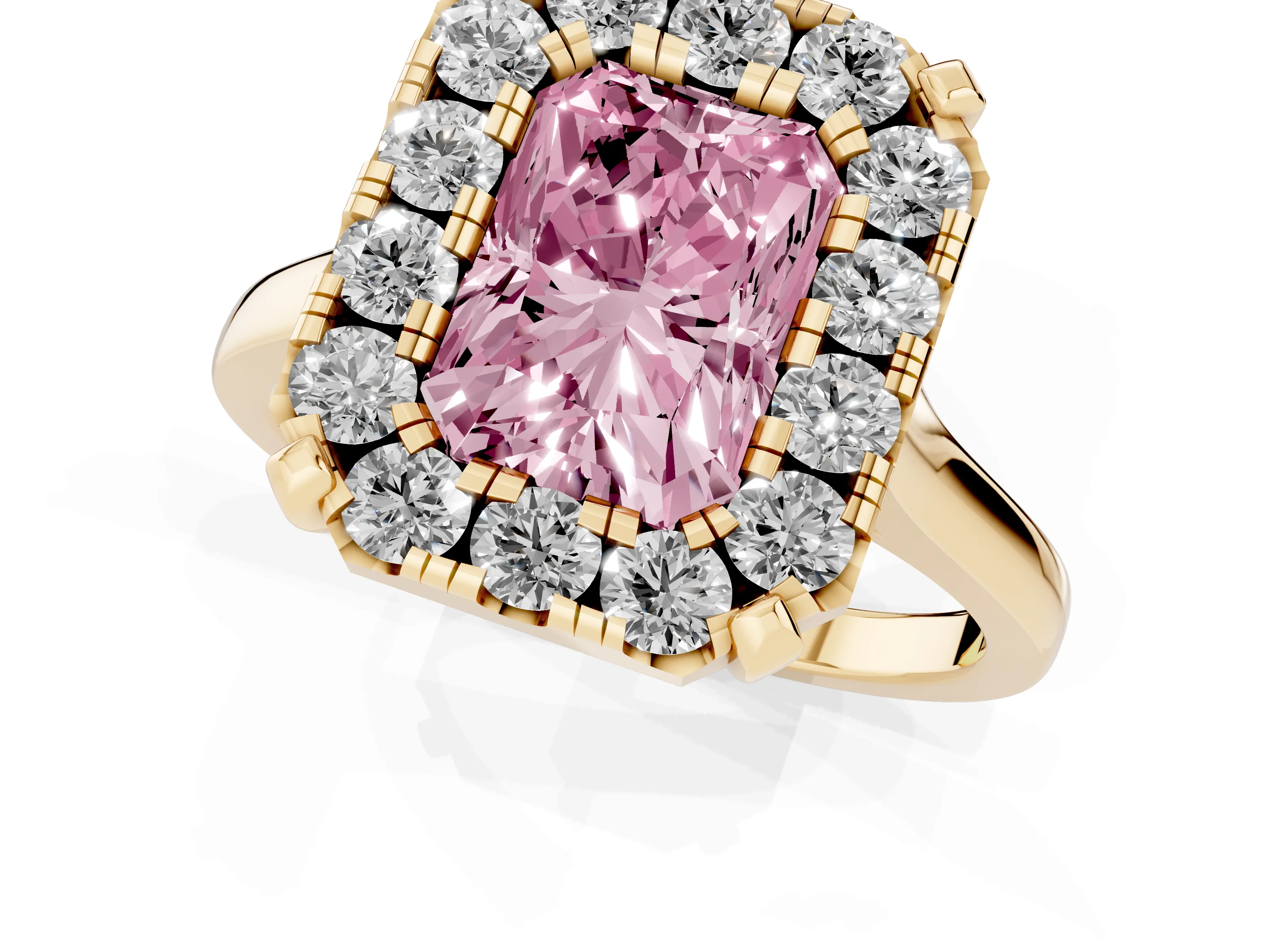 Fancy Pink Radiant Cut Diamond Cluster Halo Solitaire Ring Set in Yellow gold with Prong Setting