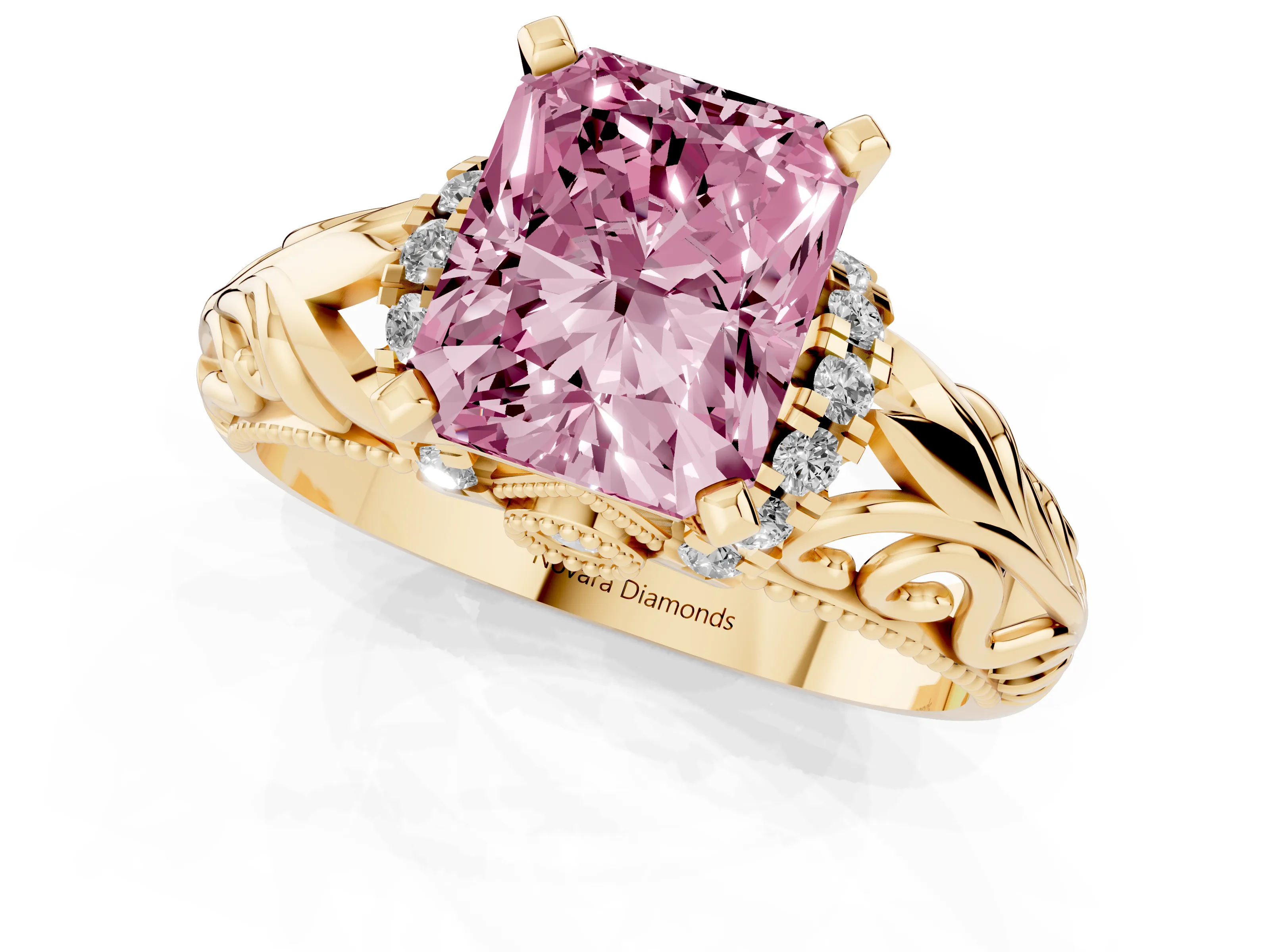 Fancy Pink Radiant Cut Diamond Filigree Halo Engagement Ring Set in Yellow gold with Prong Setting