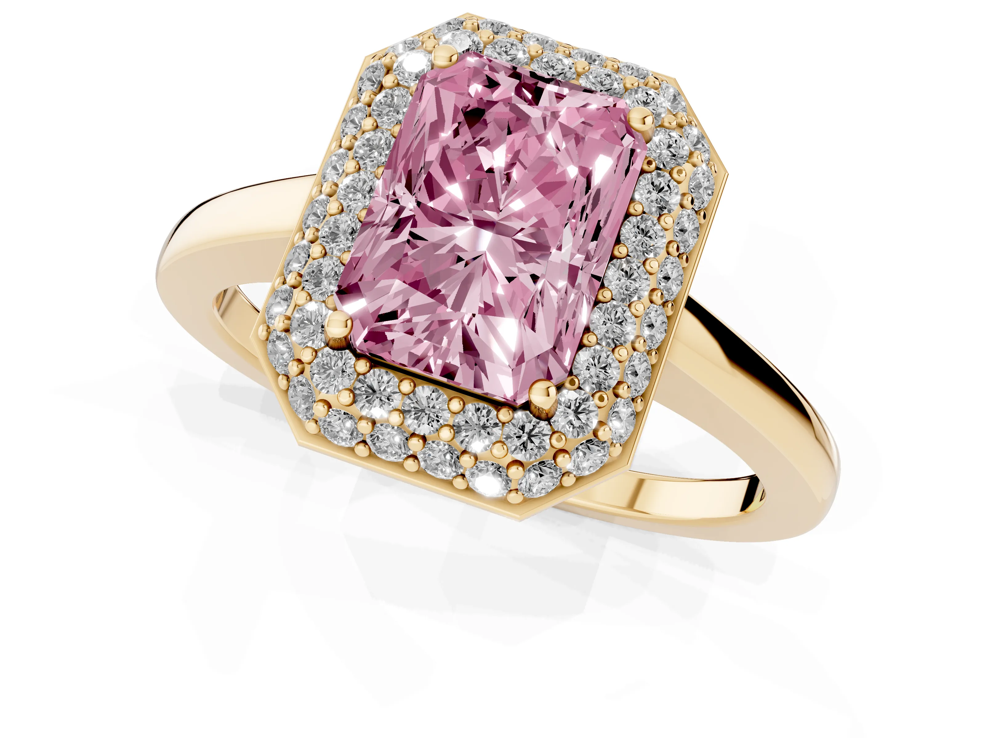 Fancy Pink Radiant Cut Diamond Halo Engagement Ring Set in Yellow gold with Solitaire Band and Prong Setting