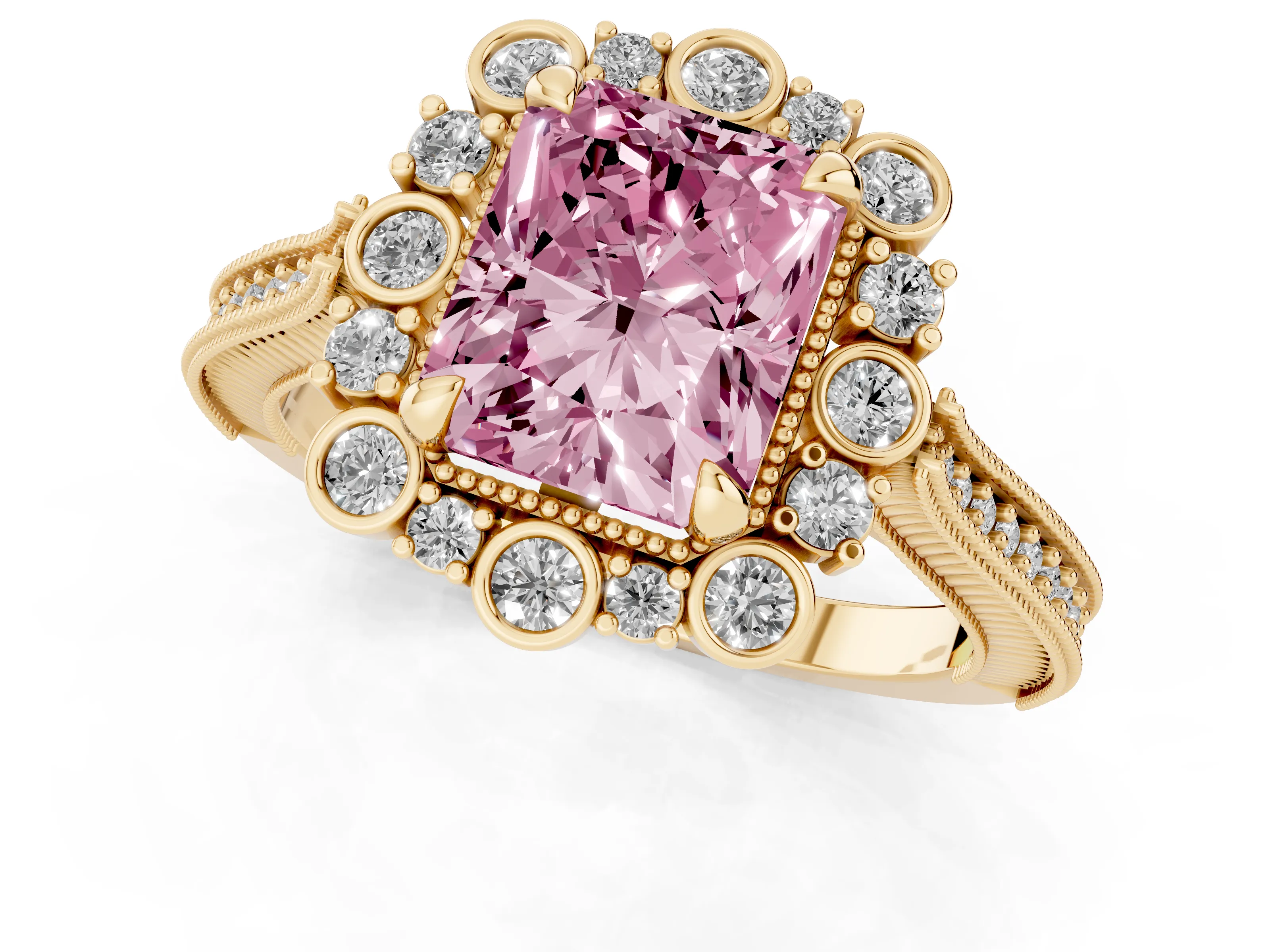 Fancy Pink Radiant Cut Diamond Halo Milgrain Pavé Ring Set in Yellow gold with Prong Setting