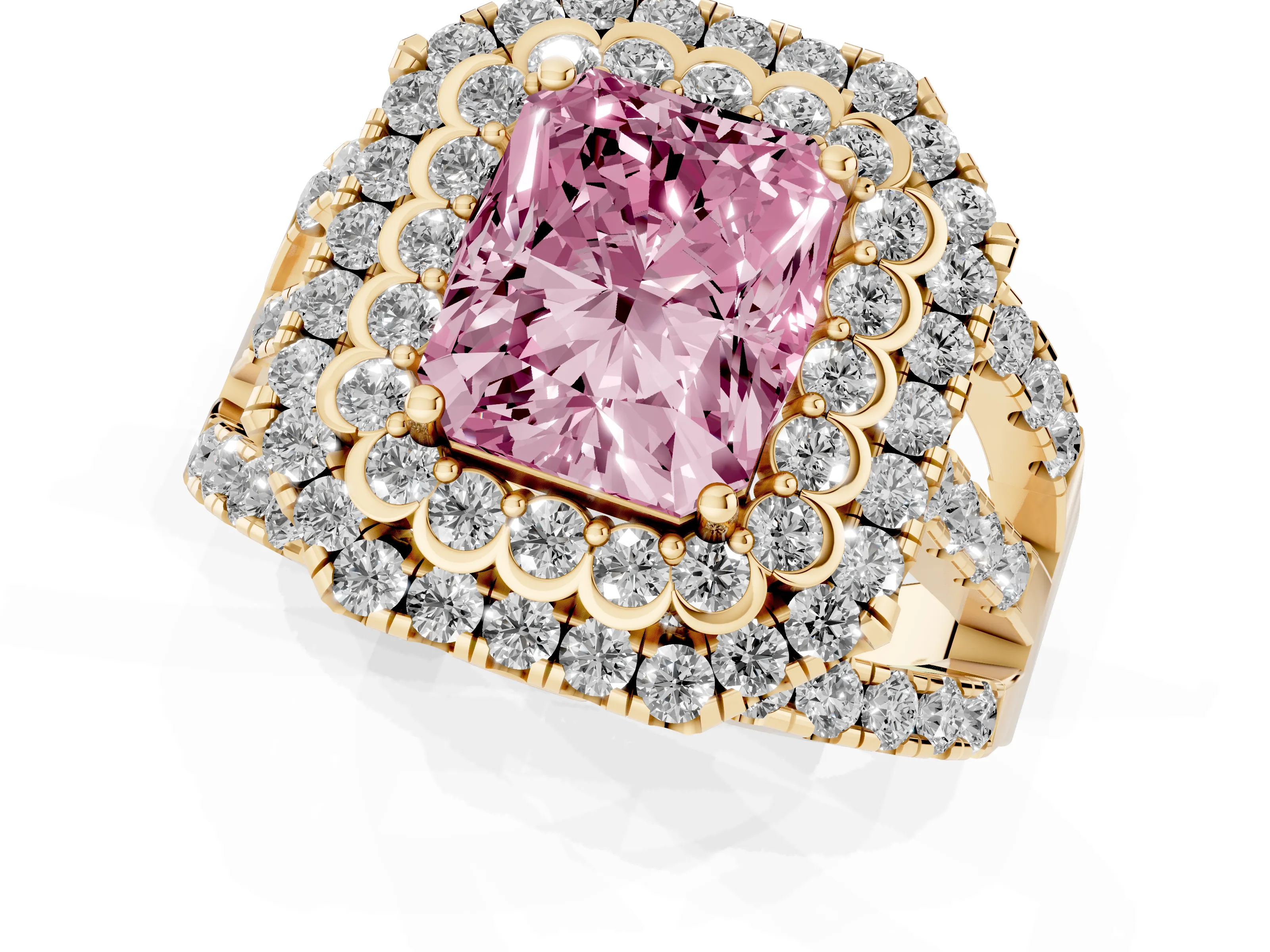 Fancy Pink Radiant Cut Diamond Double Halo Ring Set in Yellow gold with Round Pavé Split Shank
