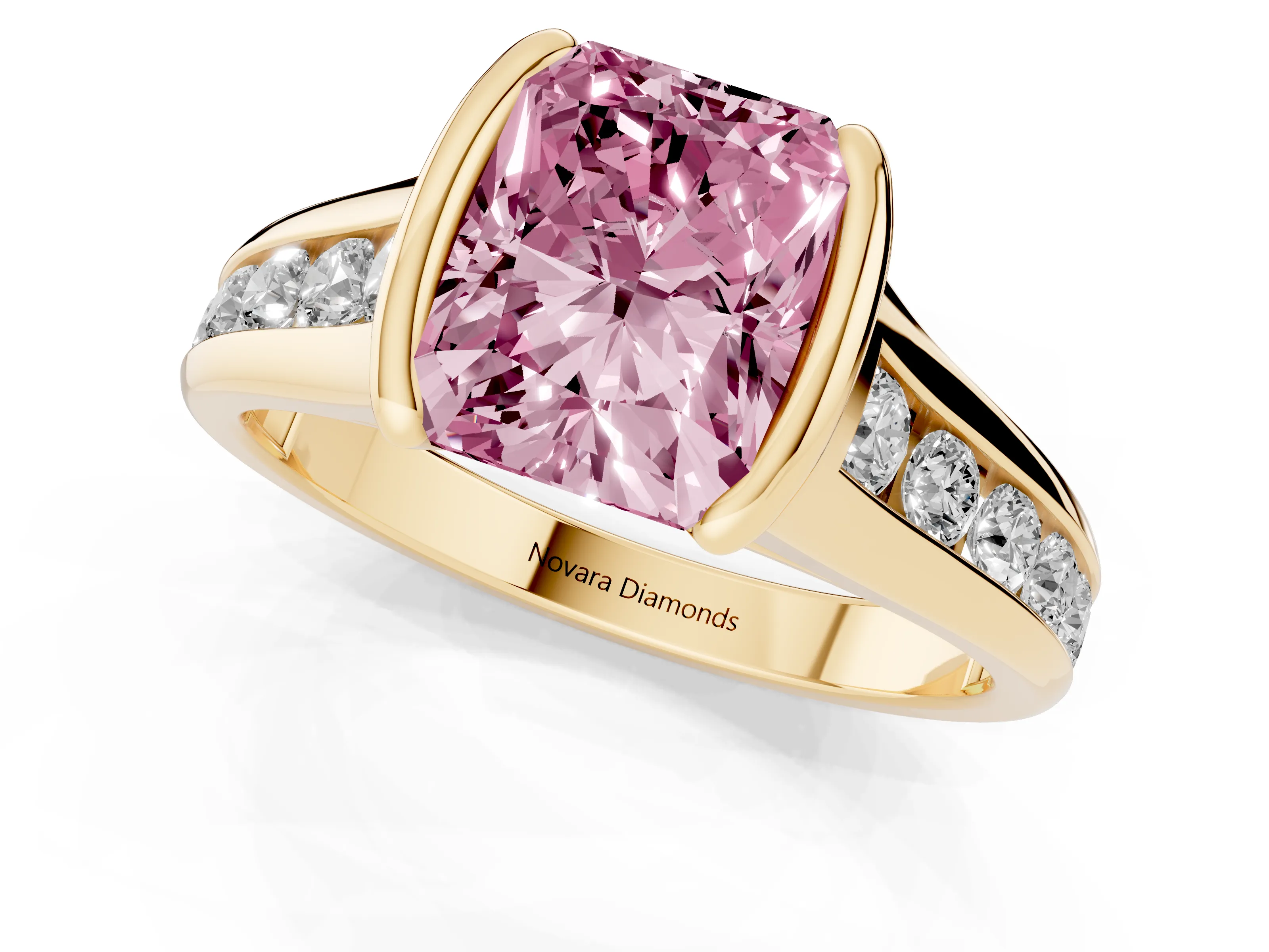 Fancy Pink Radiant Cut Diamond Bezel-Set Solitaire Ring Set in Yellow gold with Channel-Set Band