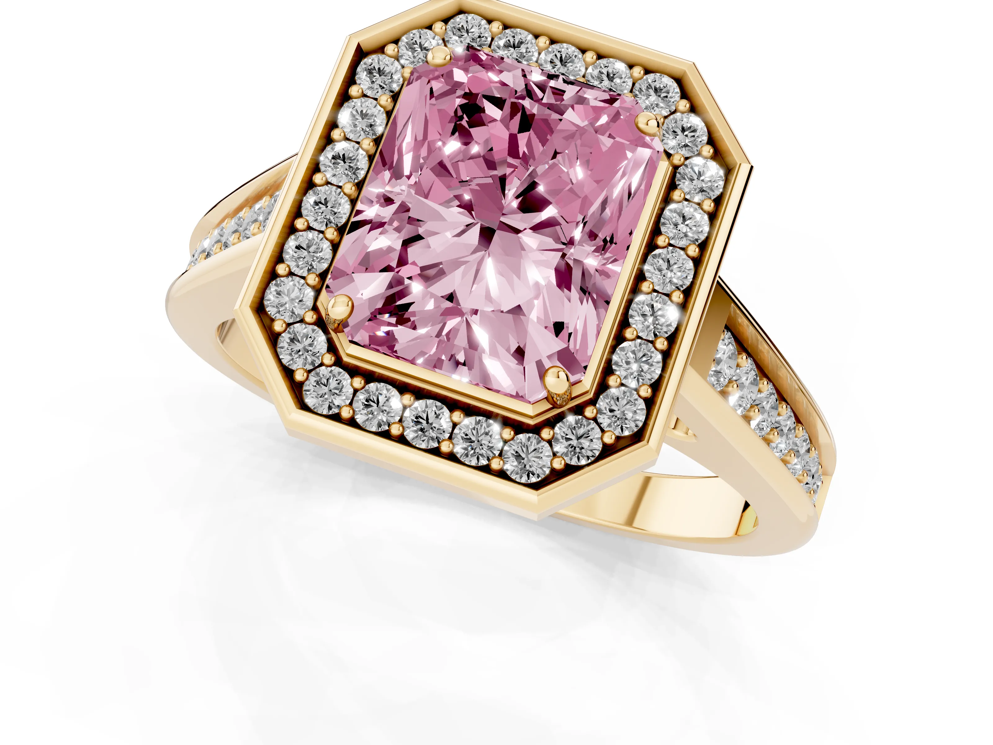 Fancy Pink Radiant Cut Diamond Halo Solitaire Ring Set in Yellow gold with Pavé Band and Bezel Setting