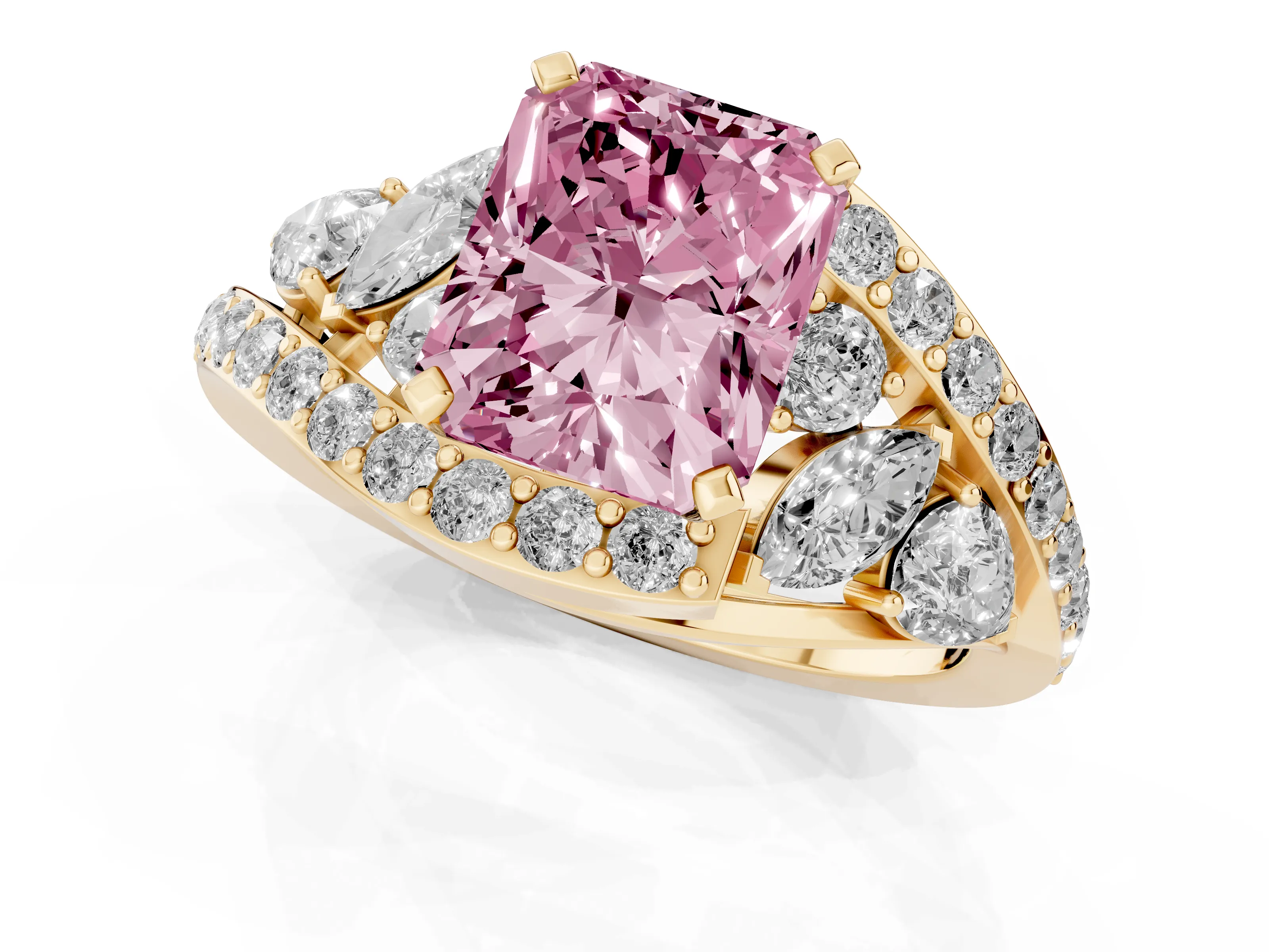 Fancy Pink Radiant Cut Diamond Halo Ring Set in Yellow gold with Marquise and Pavé Band in Prong Setting