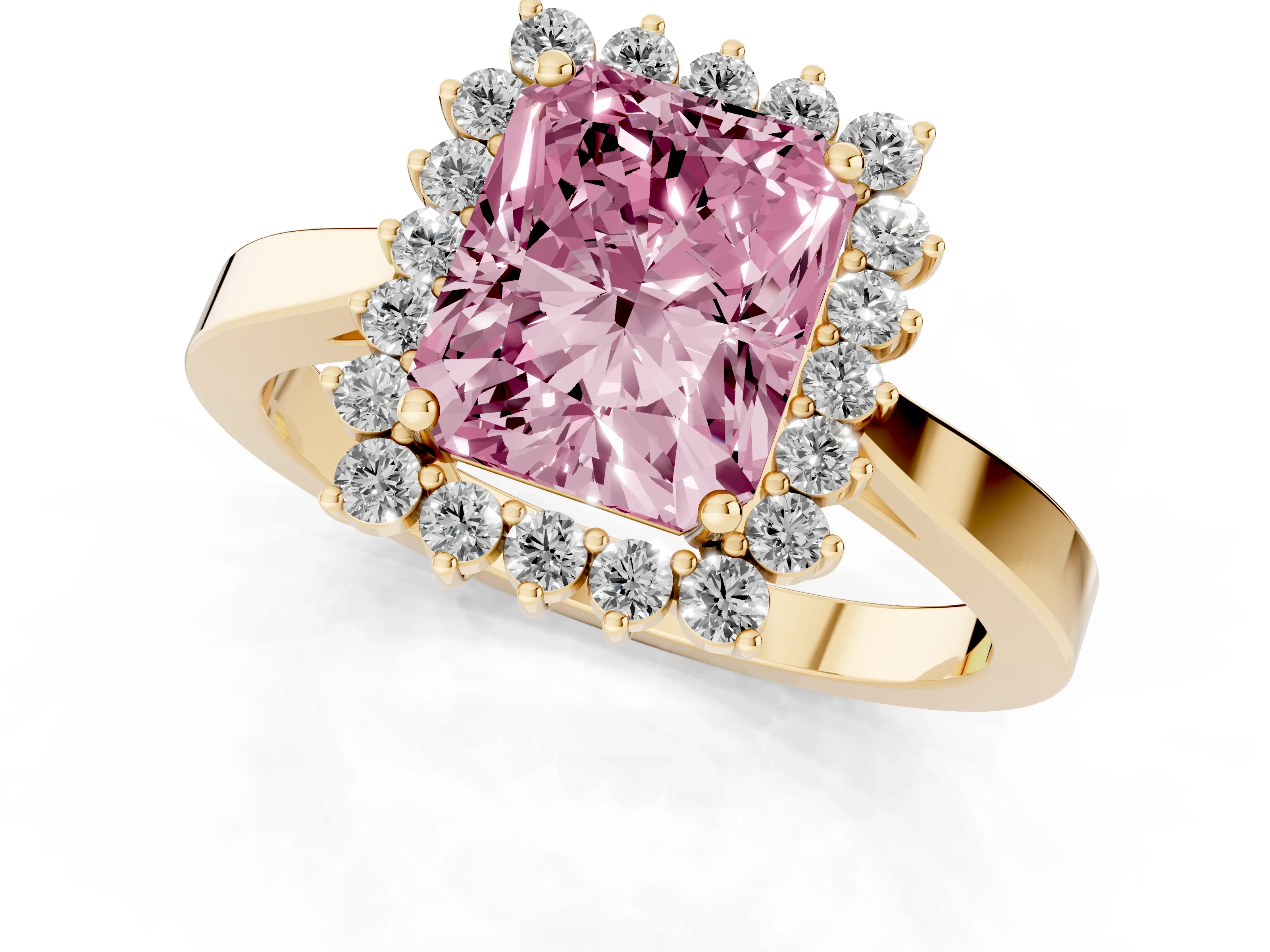Fancy Pink Radiant Cut Diamond Halo Ring Set in Yellow gold with Round Halo and Smooth Solitaire Band