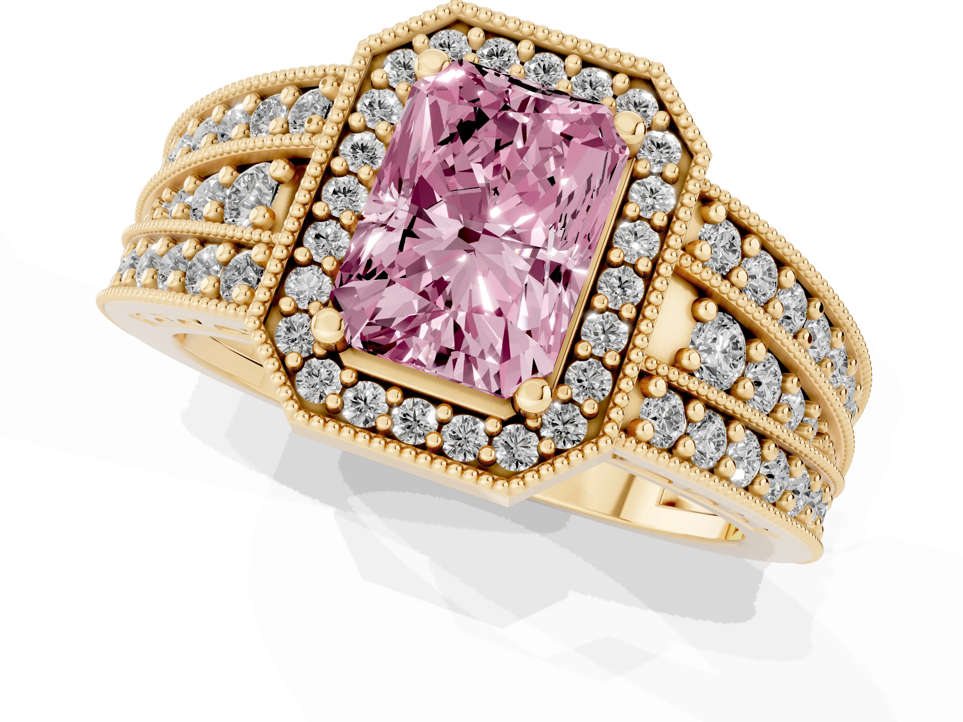 Fancy Pink Radiant Cut Diamond Halo Ring Set in Yellow gold with Accent Split Shank and Prong Setting