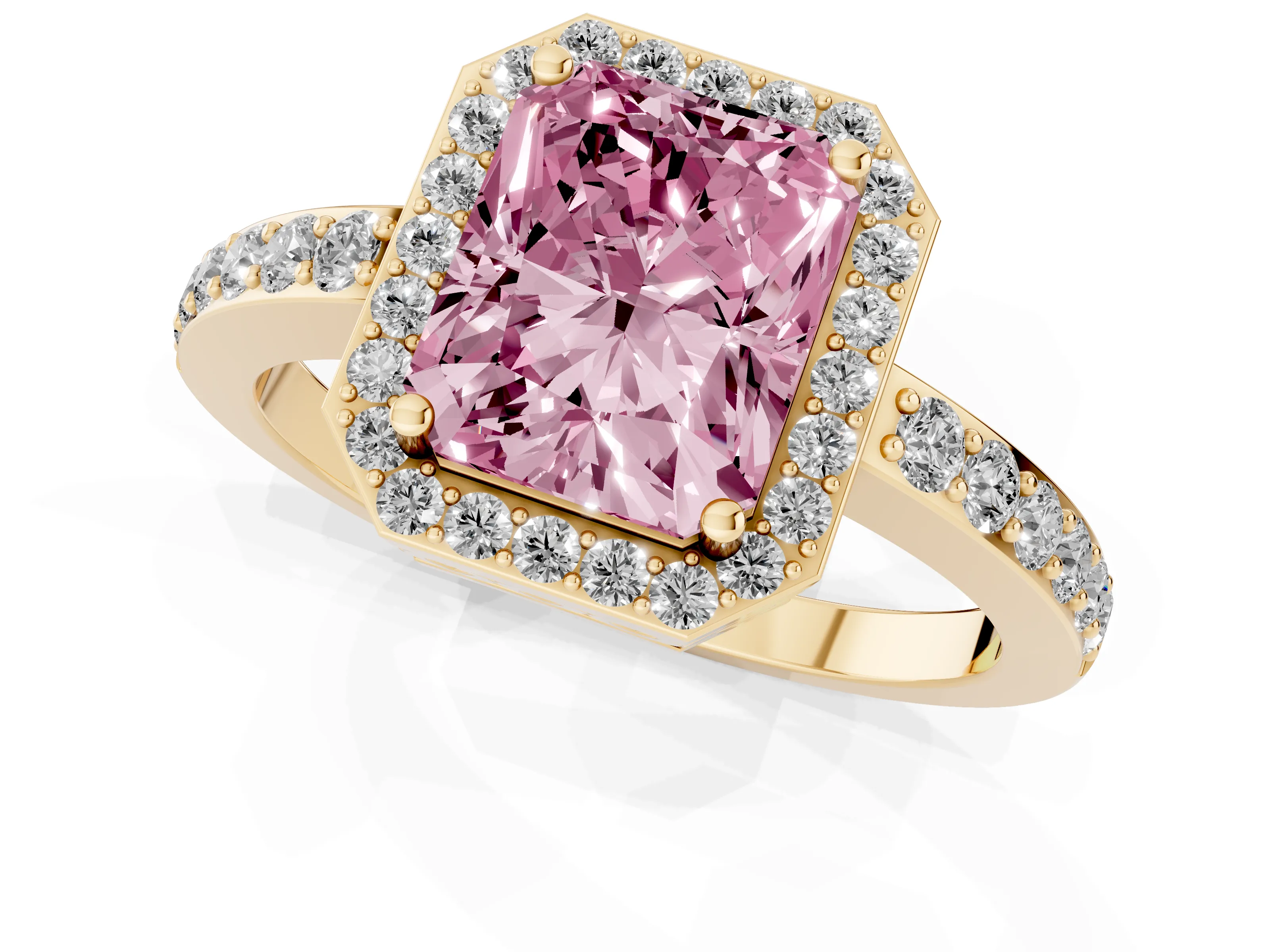 Fancy Pink Radiant Cut Diamond Halo Ring Set in Yellow gold with Pavé-Setting Band and Open Prong Center