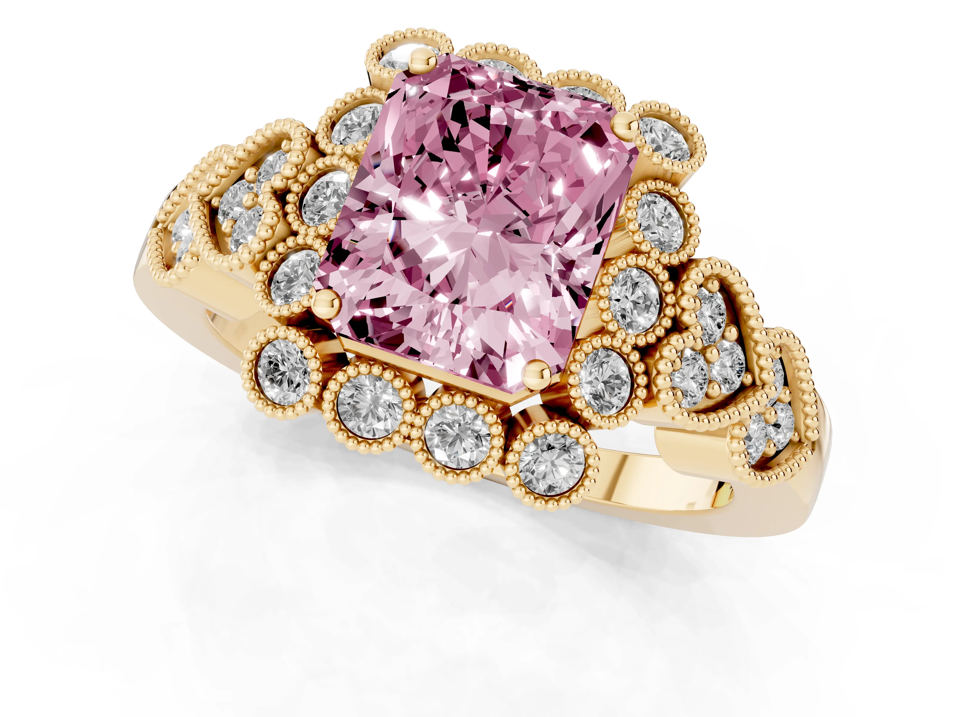Fancy Pink Radiant Cut Diamond Solitaire Ring Set in Yellow gold with Milgrain Pavé Heart Band