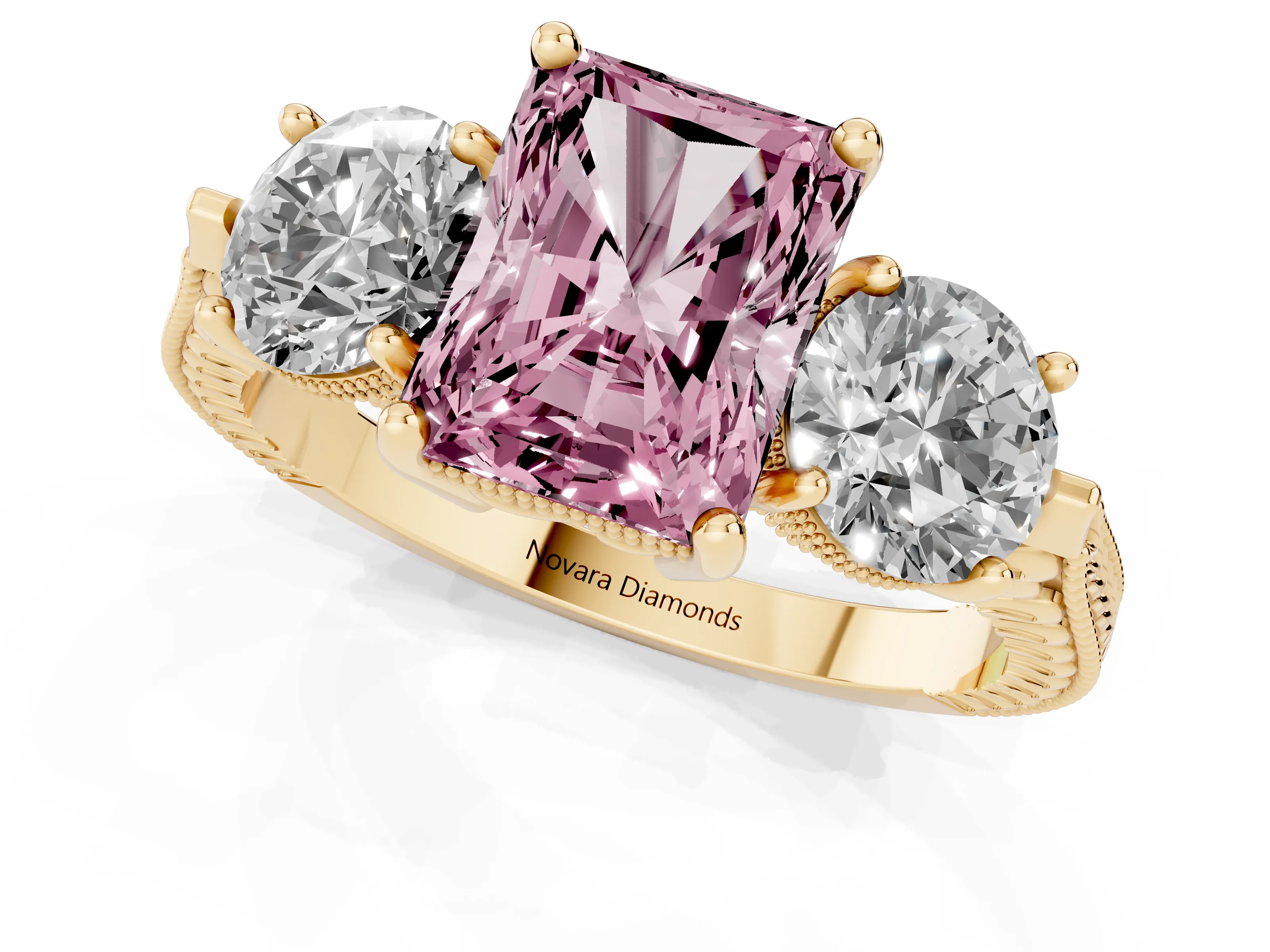 Fancy Pink Radiant Cut Diamond Three-Stone Ring Set in Yellow gold with Milgrain Band