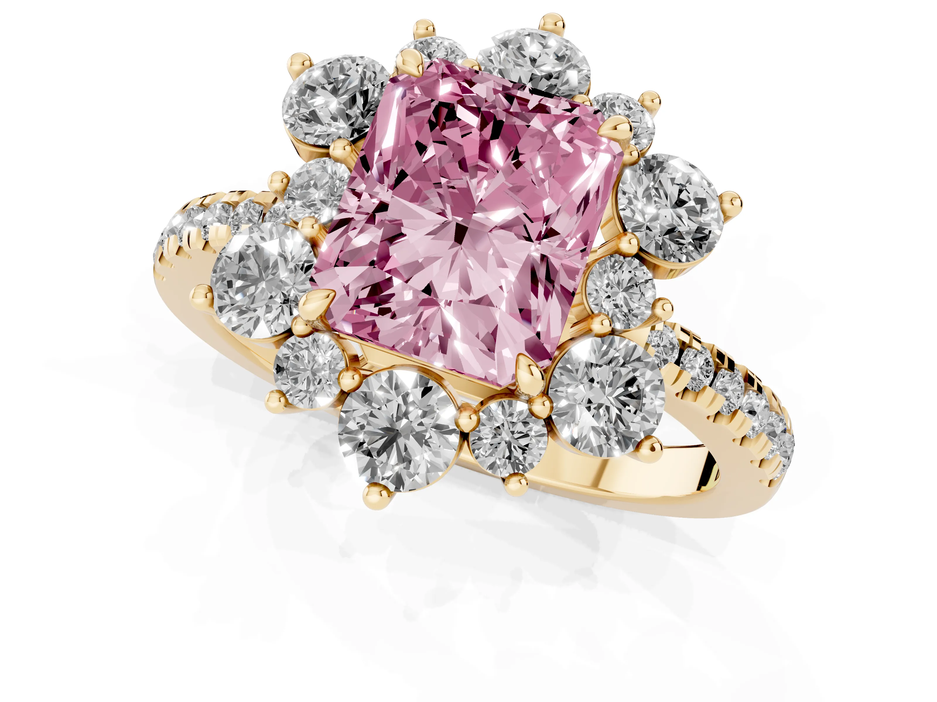 Fancy Pink Radiant Cut Diamond Floral Halo Ring Set in Yellow gold with Round Pavé Band and Prong Setting