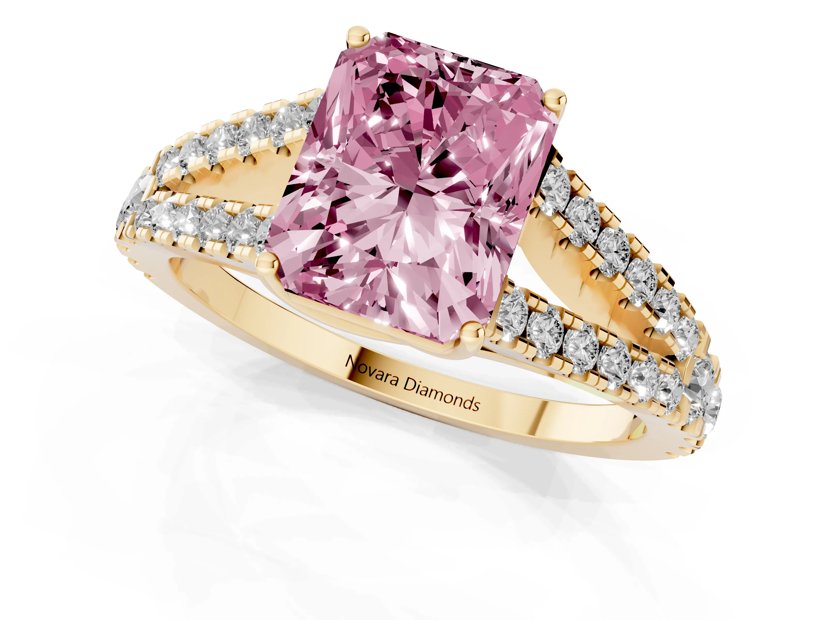Fancy Pink Radiant Cut Diamond Split Shank Pavé Engagement Ring Set in Yellow gold with Prong-Held Center Stone