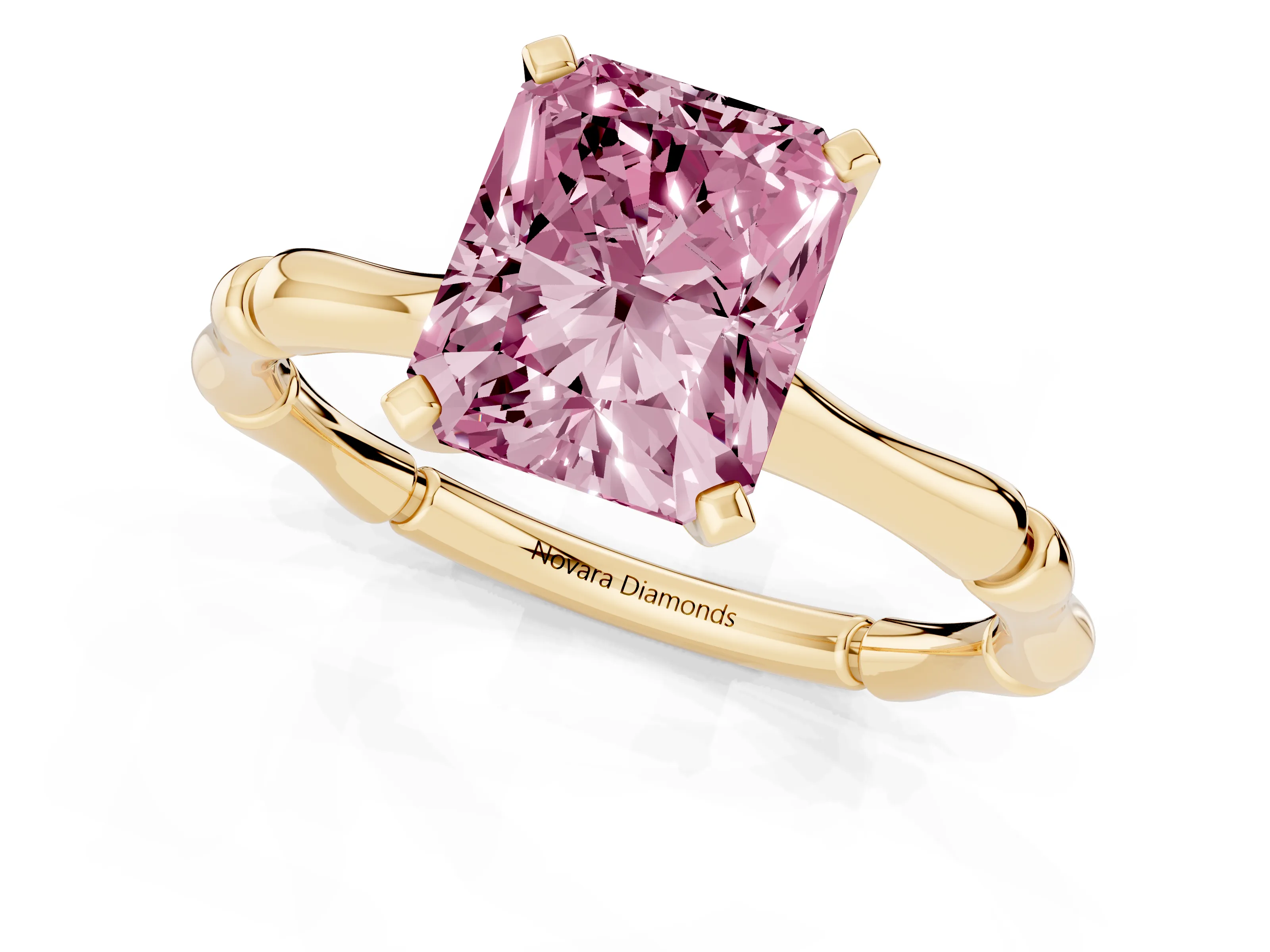 Fancy Pink Radiant Cut Diamond Solitaire Ring Set in Yellow gold with Bamboo Band and Prong Setting
