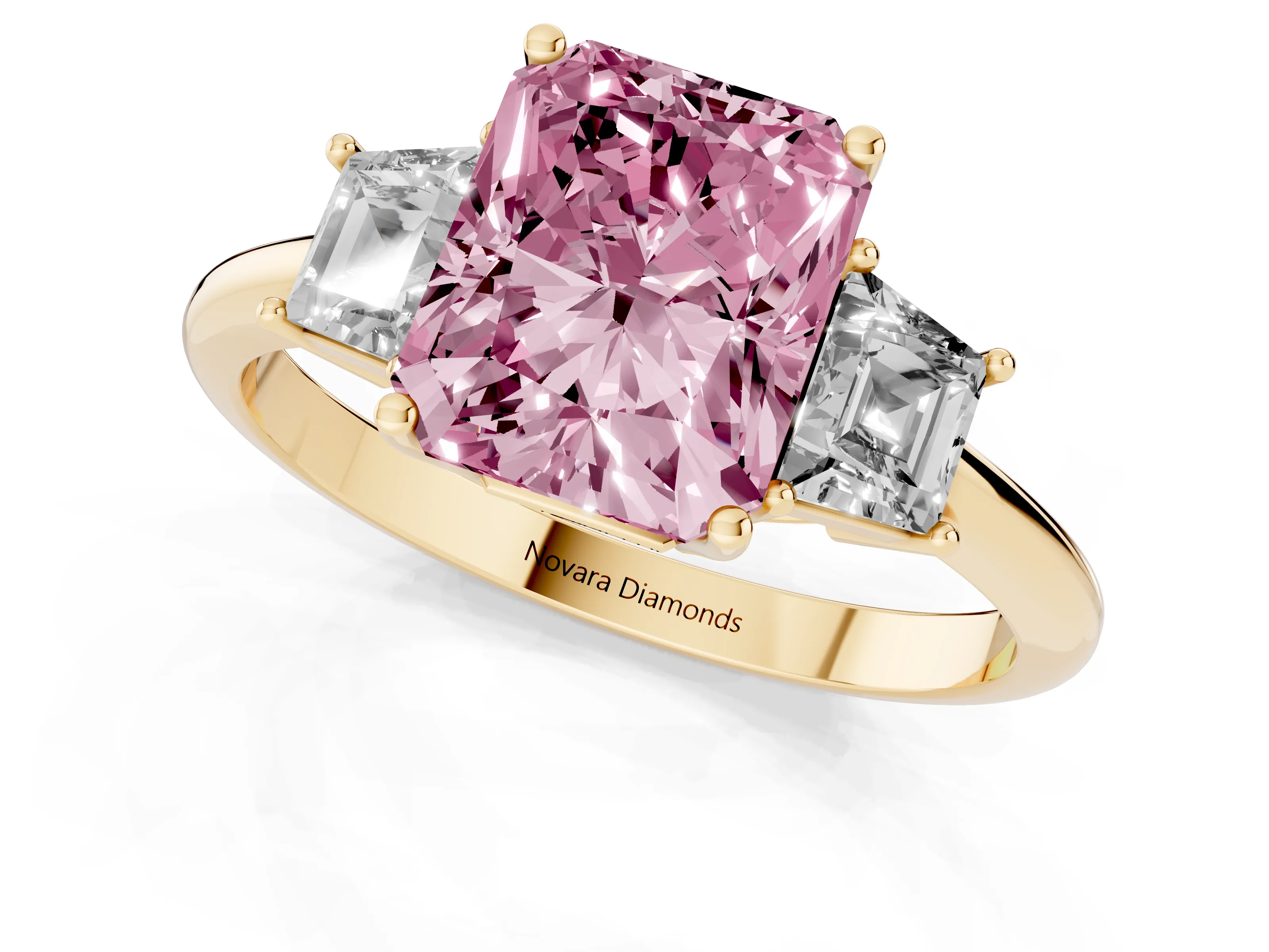 Fancy Pink Radiant Cut Diamond Three-Stone Ring Set in Yellow gold with Trapezoid Side Stones and Prong Setting