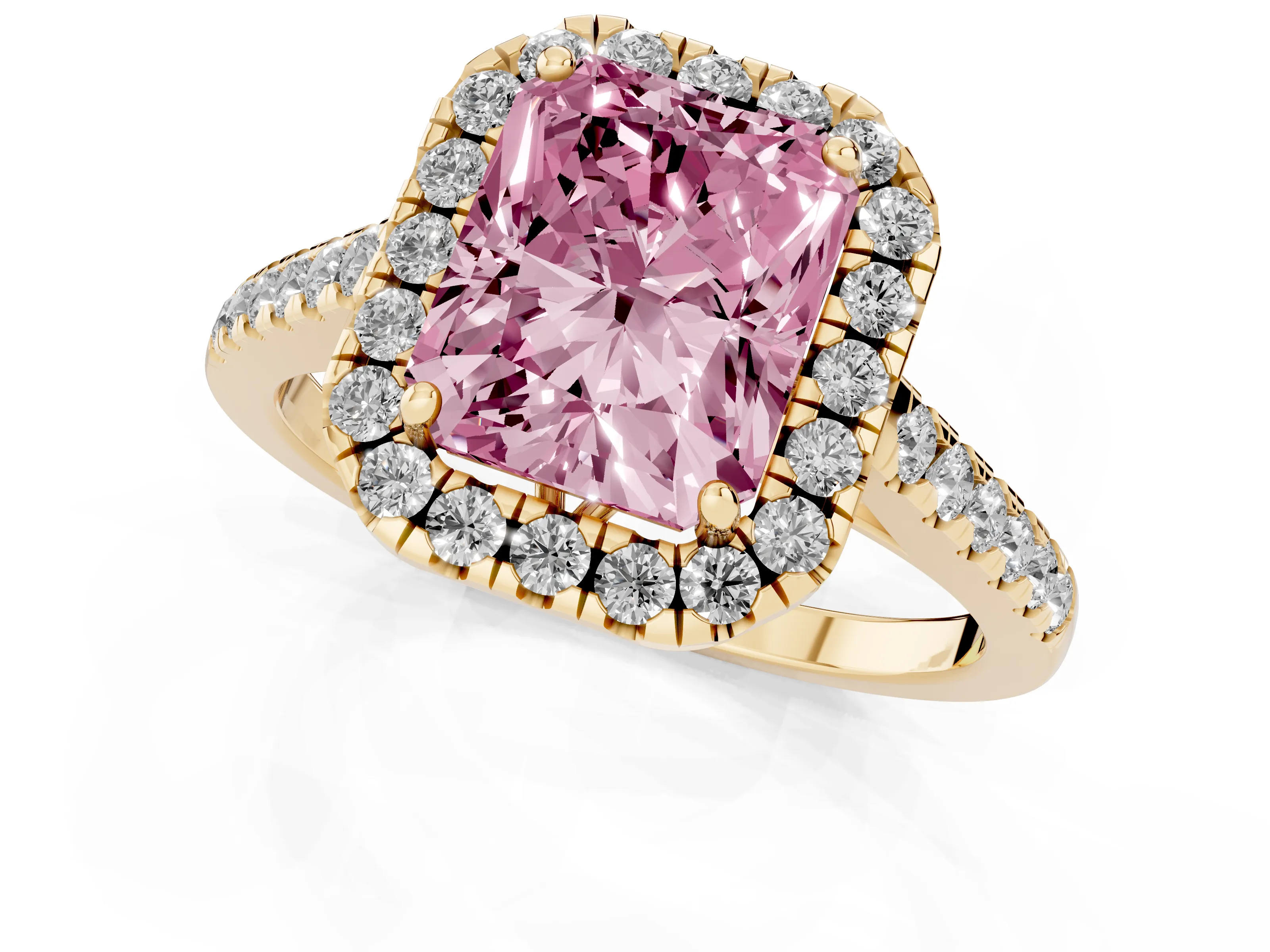 Fancy Pink Radiant Cut Diamond Pavé Halo Engagement Ring Set in Yellow gold with Pavé Band and Prong Setting