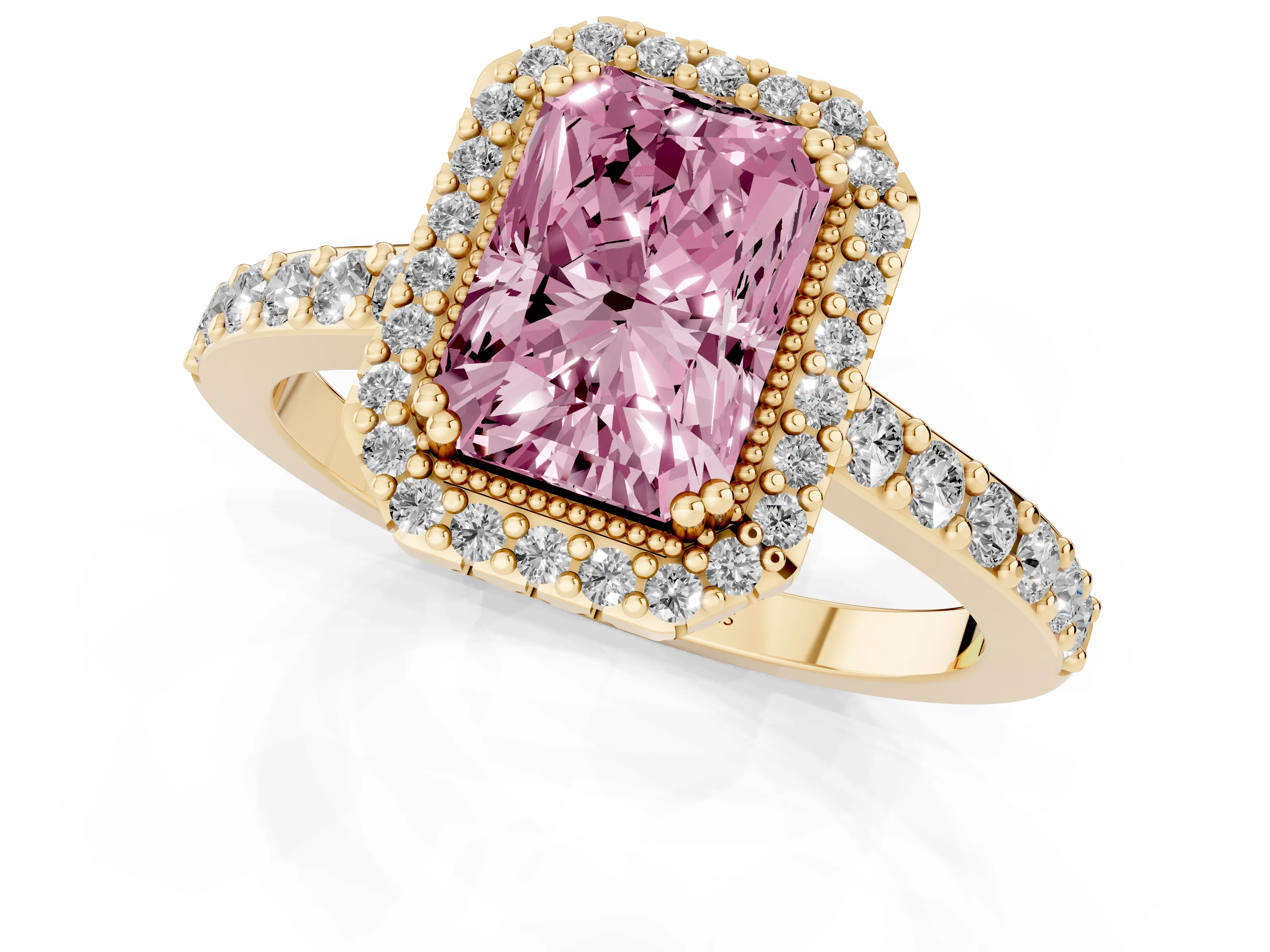 Fancy Pink Radiant Cut Diamond Halo Engagement Ring Set in Yellow gold with Milgrain Detail and Pavé Band