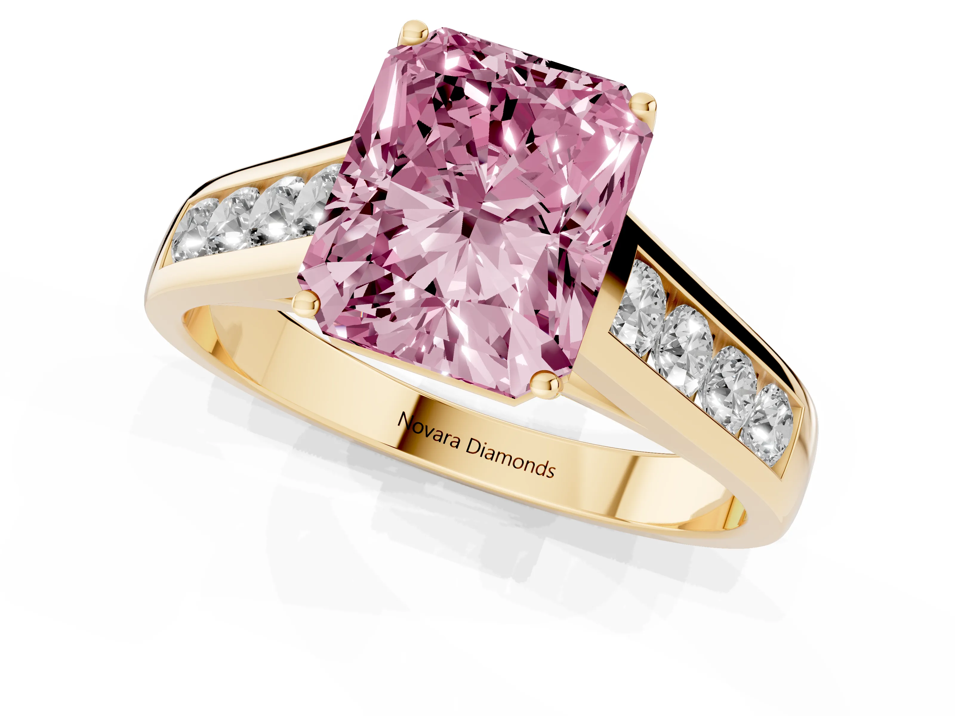 Fancy Pink Radiant Cut Diamond Brilliant Channel-Set Solitaire Ring Set in Yellow gold with Prong Setting
