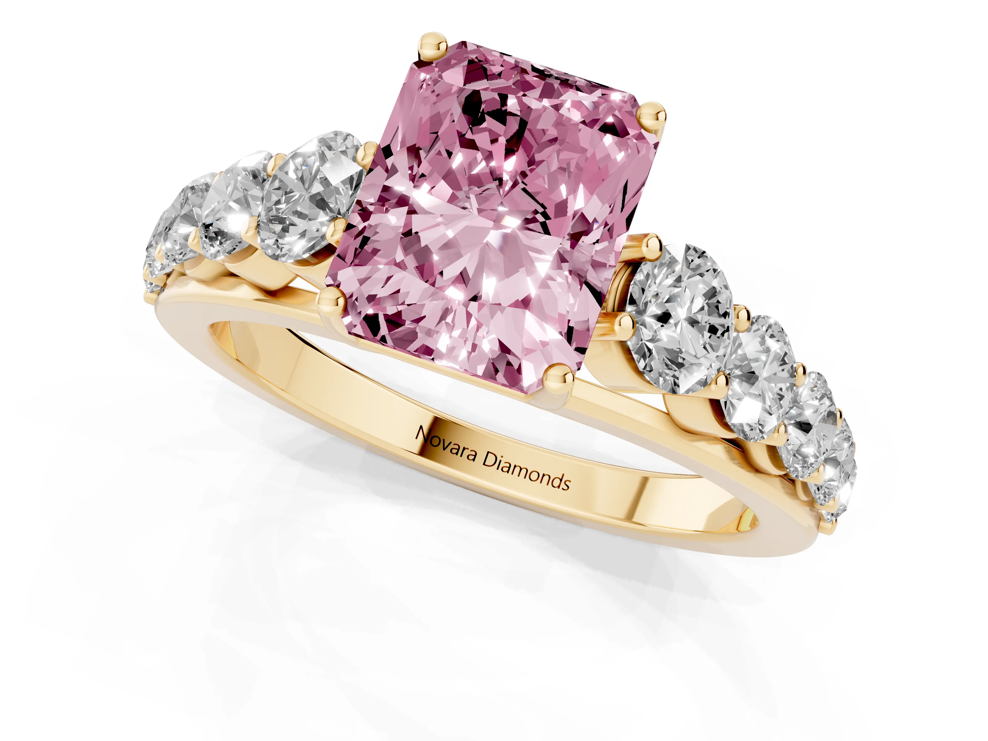 Fancy Pink Radiant Cut Diamond Solitaire Ring Set in Yellow gold with Pavé-Set Band and Prong Setting