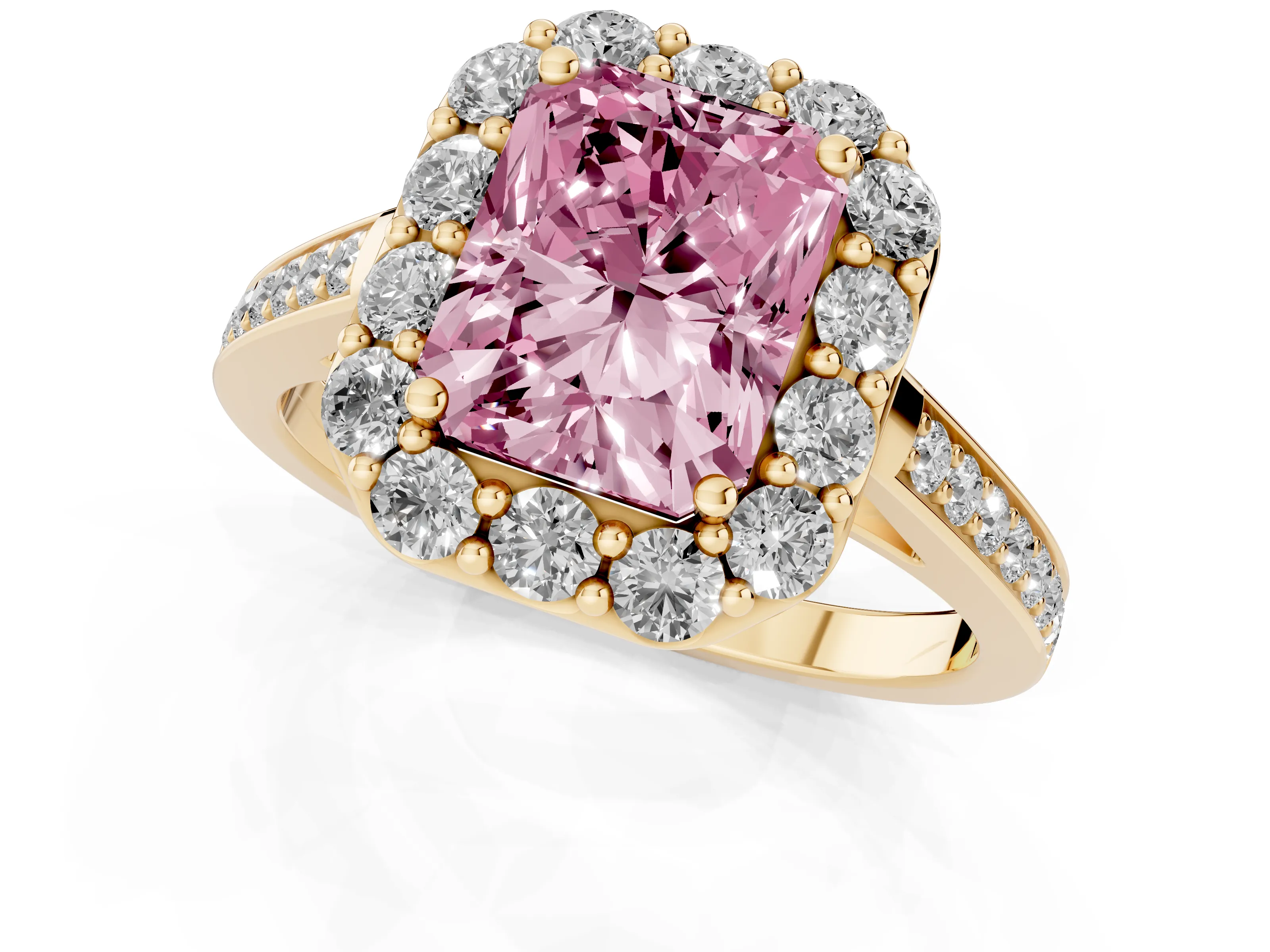 Fancy Pink Radiant Cut Diamond Floral Halo Ring Set in Yellow gold with Pavé Band and Prong Setting