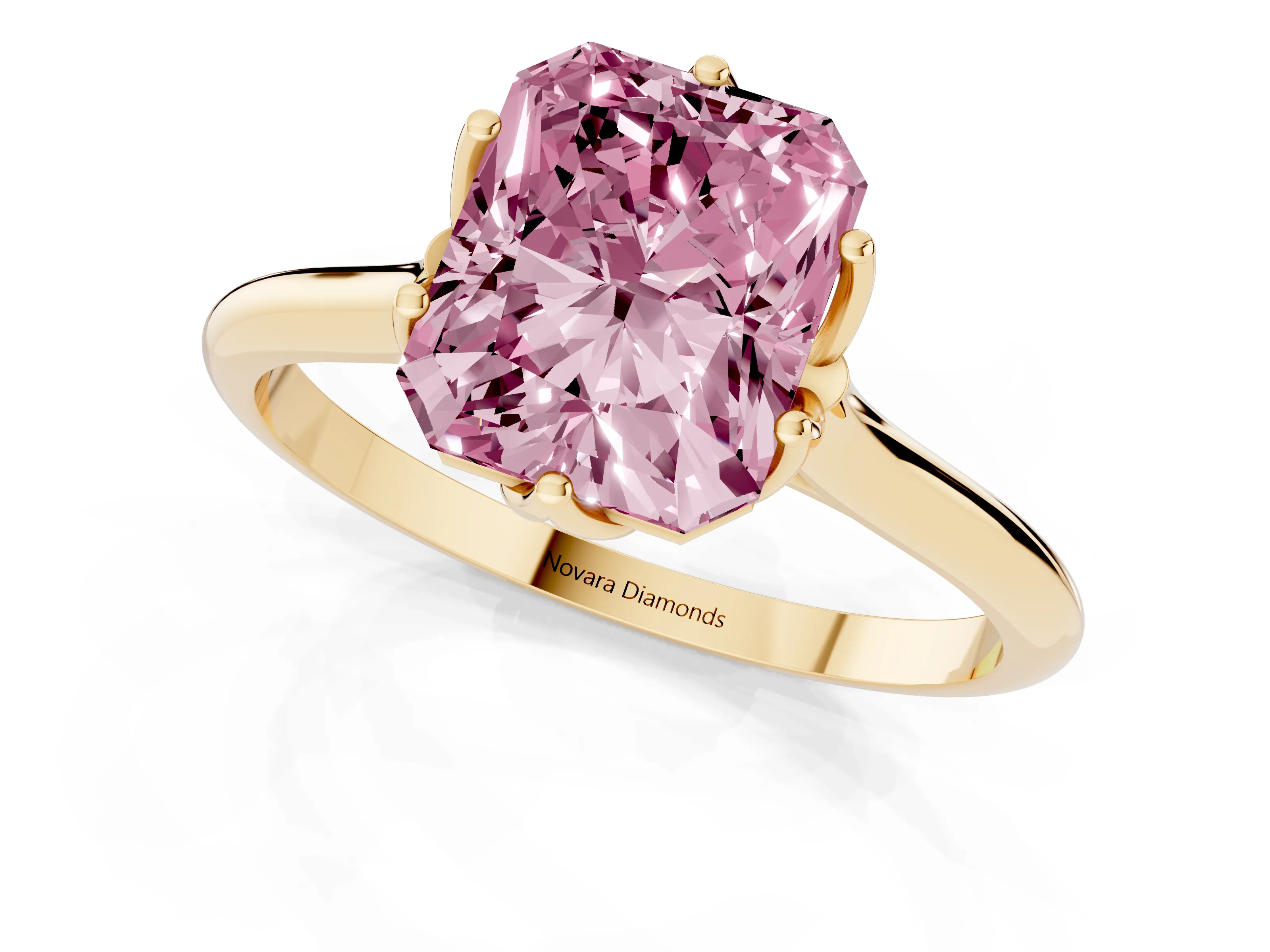 Fancy Pink Radiant Cut Diamond Solitaire Cathedral Ring Set in Yellow gold with Prong Setting