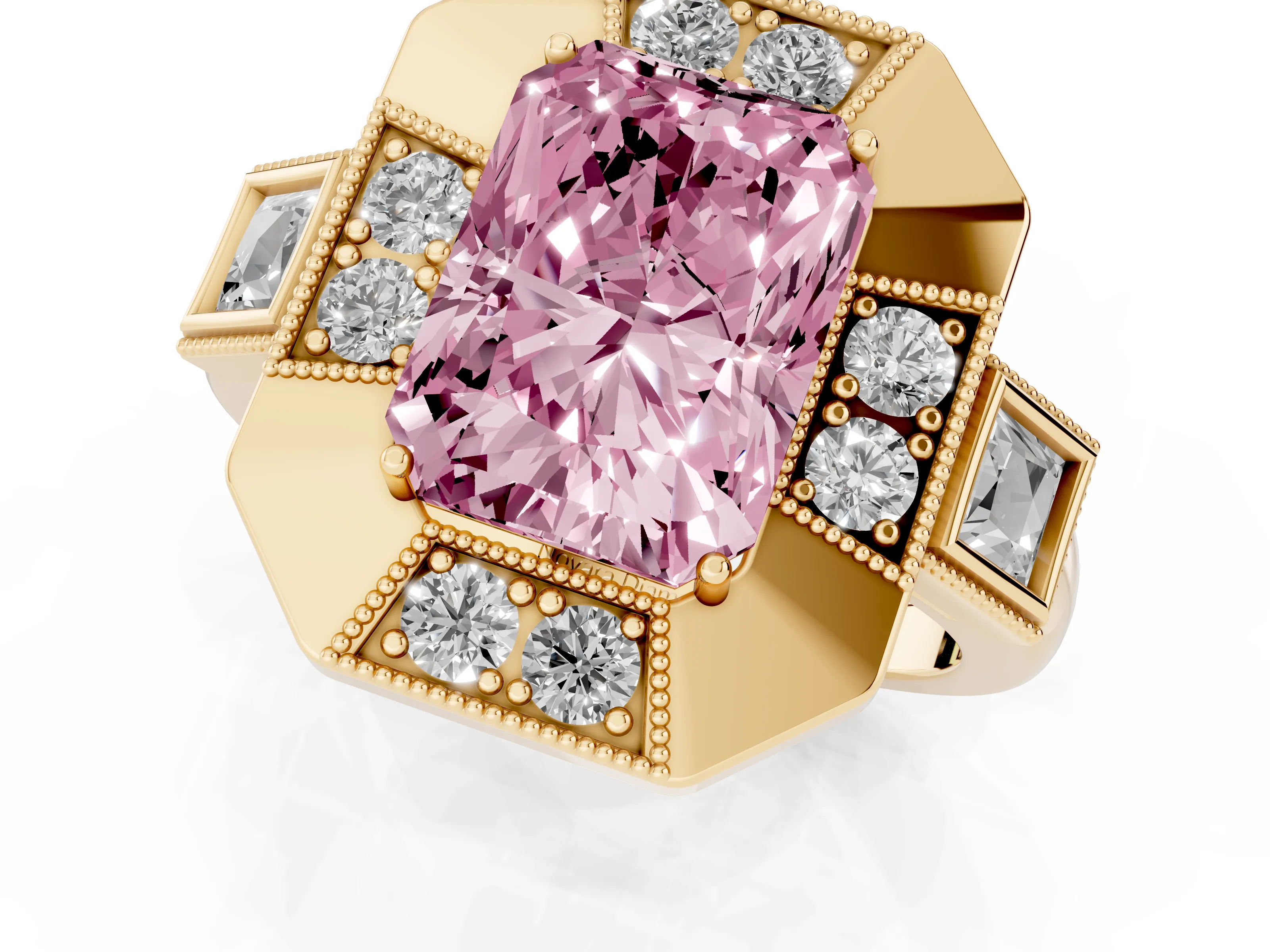 Fancy Pink Radiant Cut Diamond Milgrain Halo Ring Set in Yellow gold with Split Shank