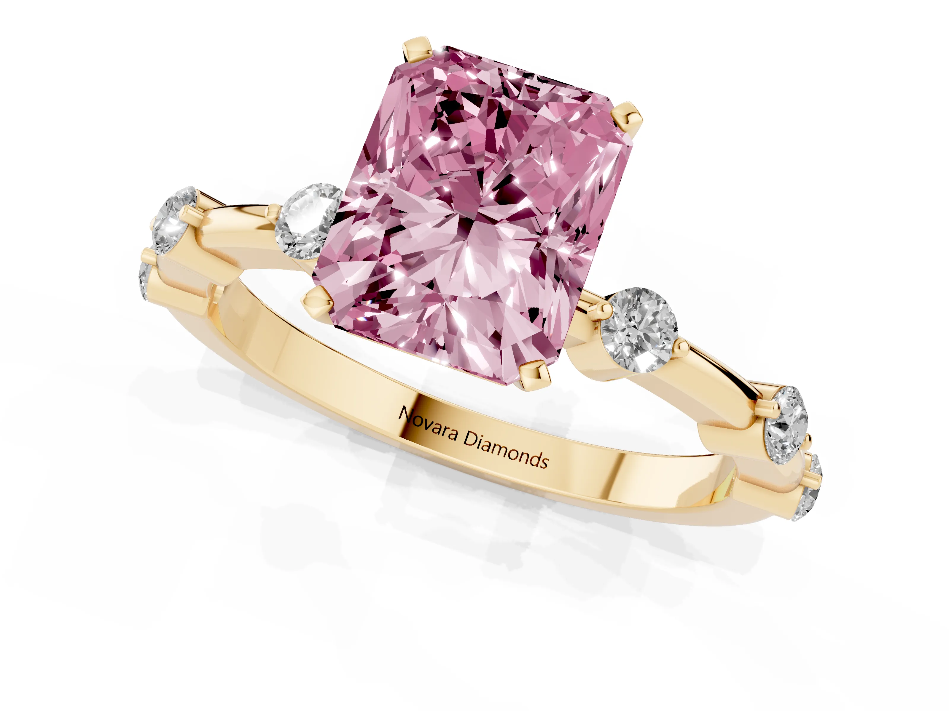 Fancy Pink Radiant Cut Diamond Solitaire Ring Set in Yellow gold with Bezel Set Side Stones and Prong Setting