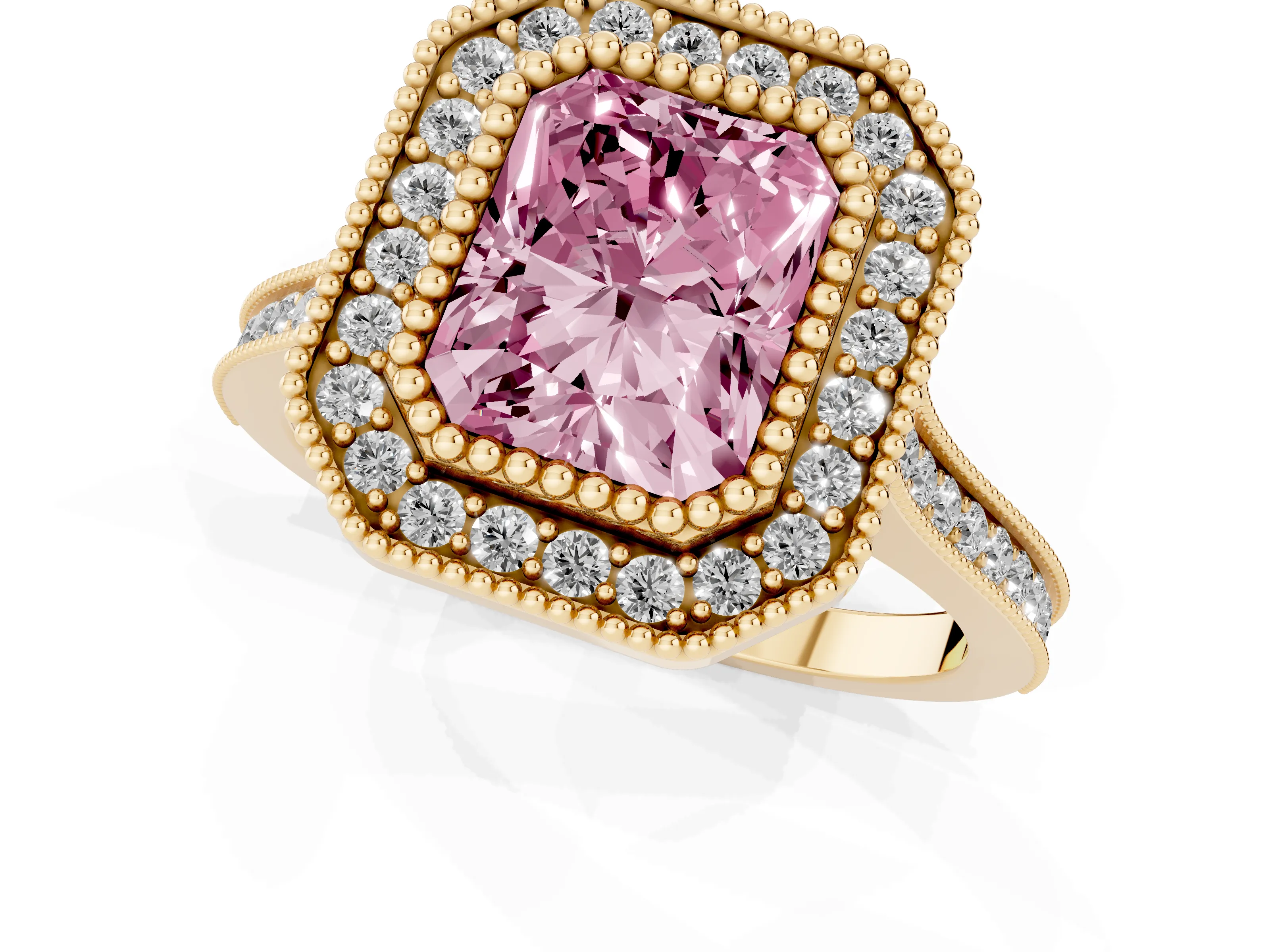 Fancy Pink Radiant Cut Diamond Halo Ring Set in Yellow gold with Milgrain Frame and Pavé Band