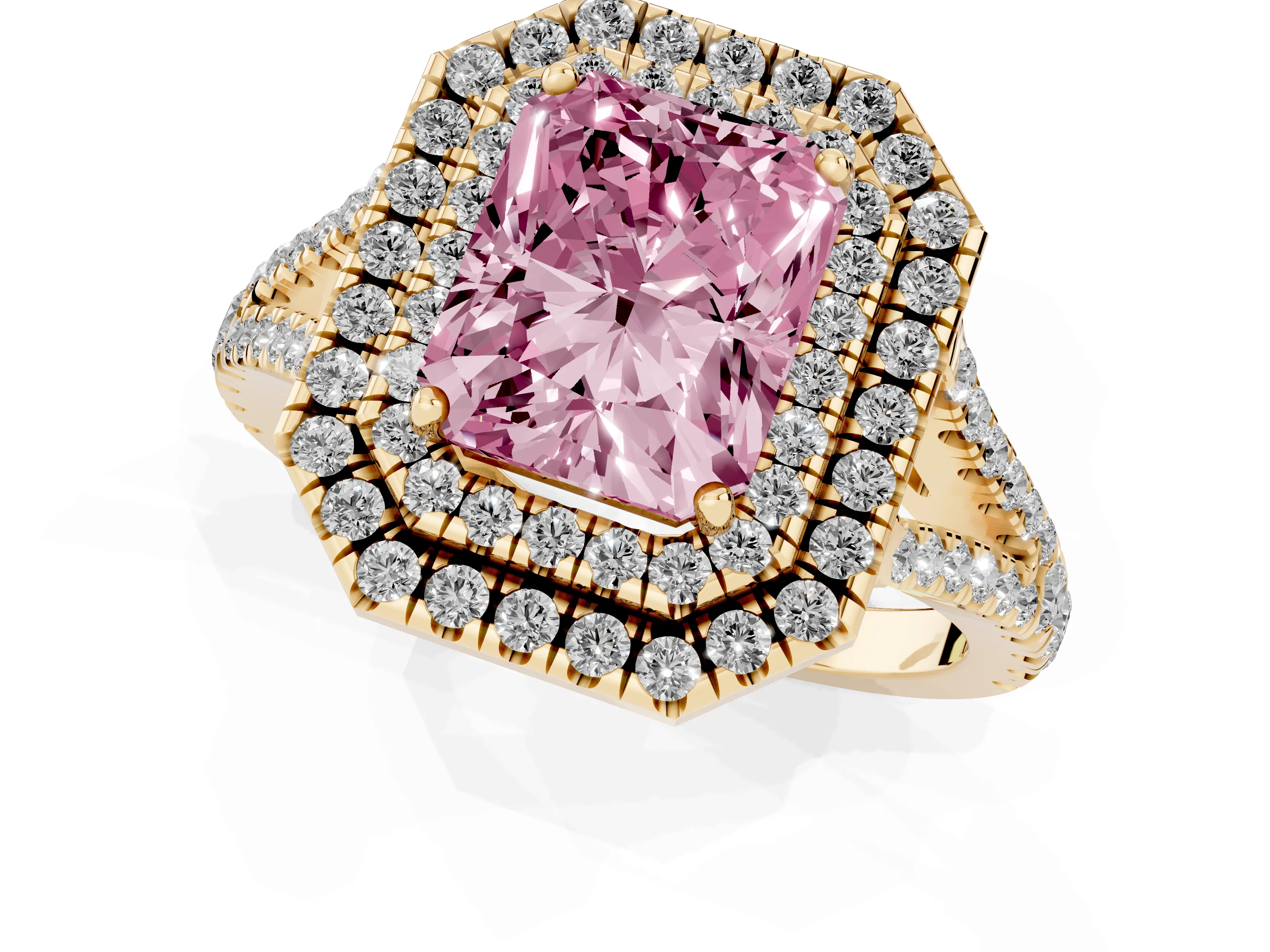 Fancy Pink Radiant Cut Diamond Double Halo Ring Set in Yellow gold with Pavé Band
