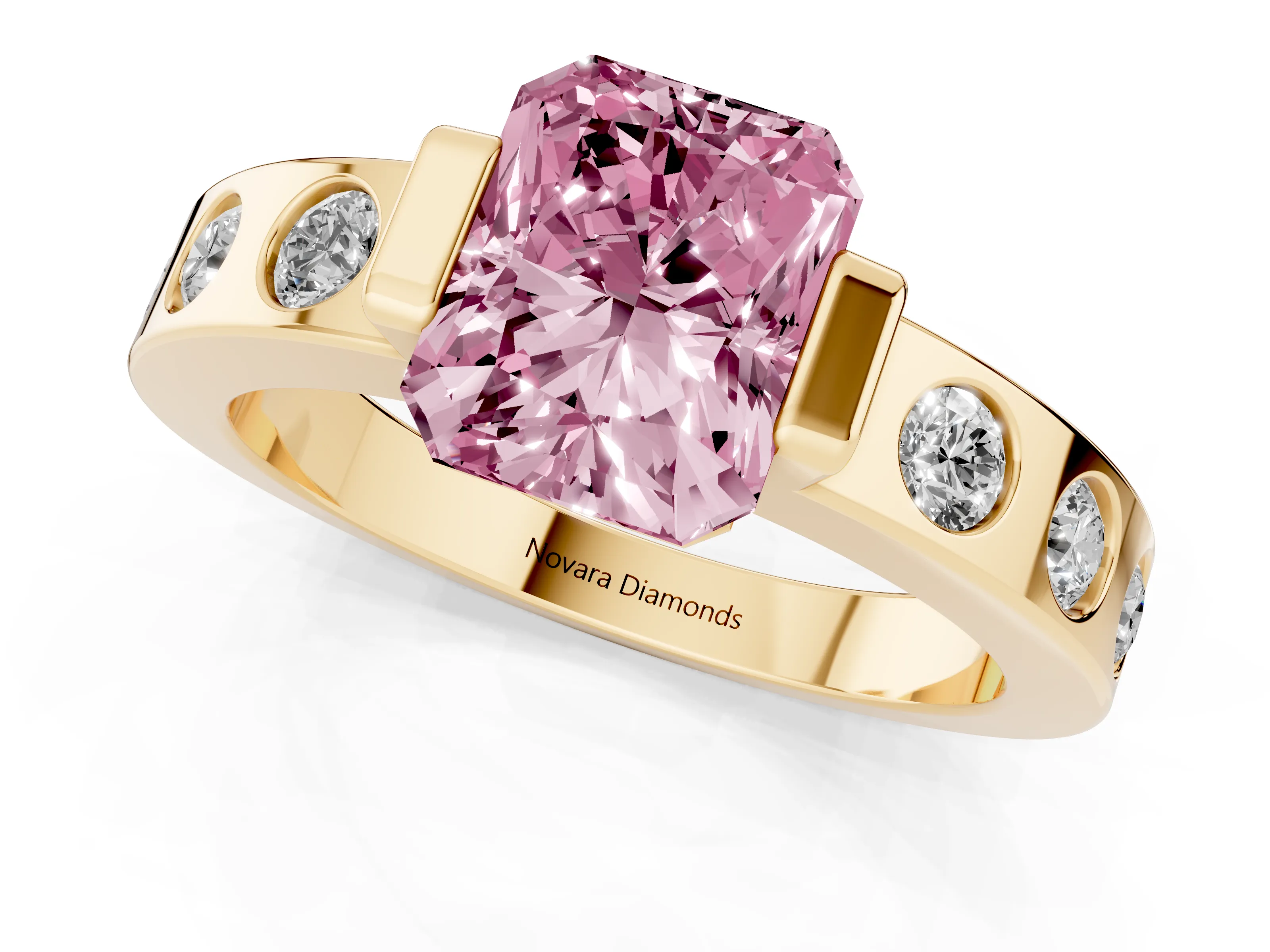 Fancy Pink Radiant Cut Diamond Channel-Set Band Ring Set in Yellow gold with Bezel Prong Setting