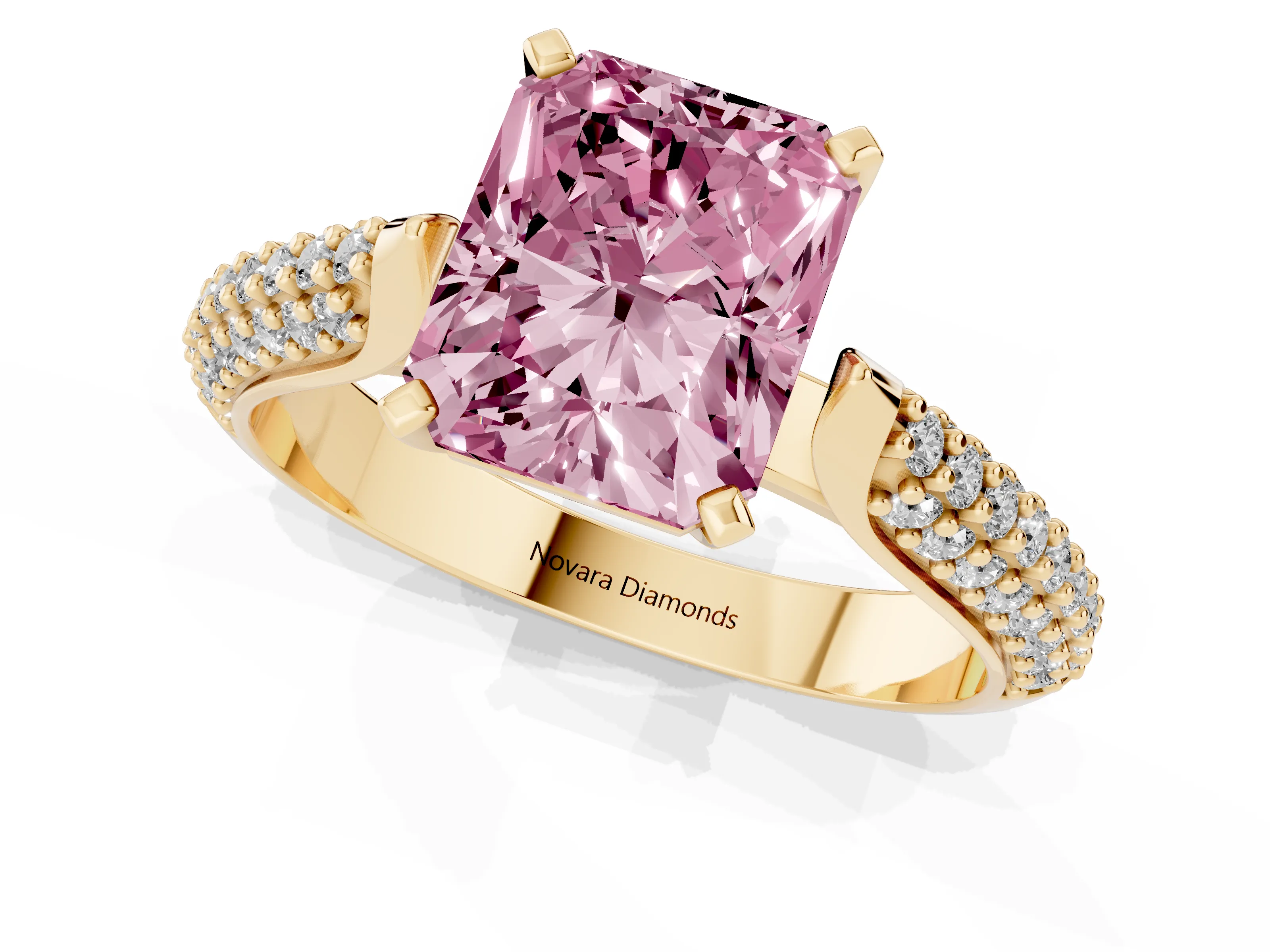 Fancy Pink Radiant Cut Diamond Solitaire Engagement Ring Set in Yellow gold with Multi-Row Round Pavé Band and Prong Setting