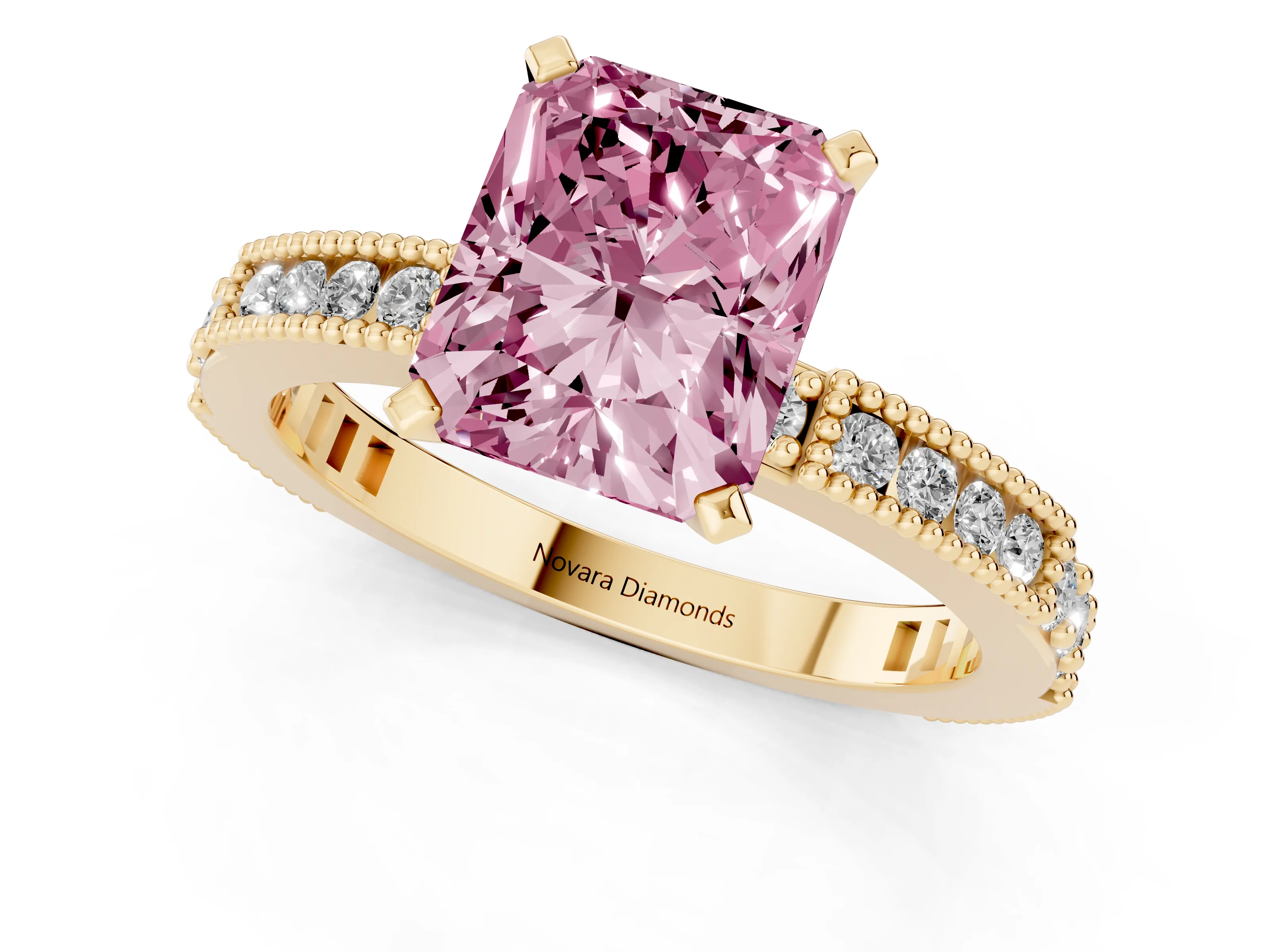 Fancy Pink Radiant Cut Diamond Solitaire Ring Set in Yellow gold with Slim Pavé Band and Prong Setting