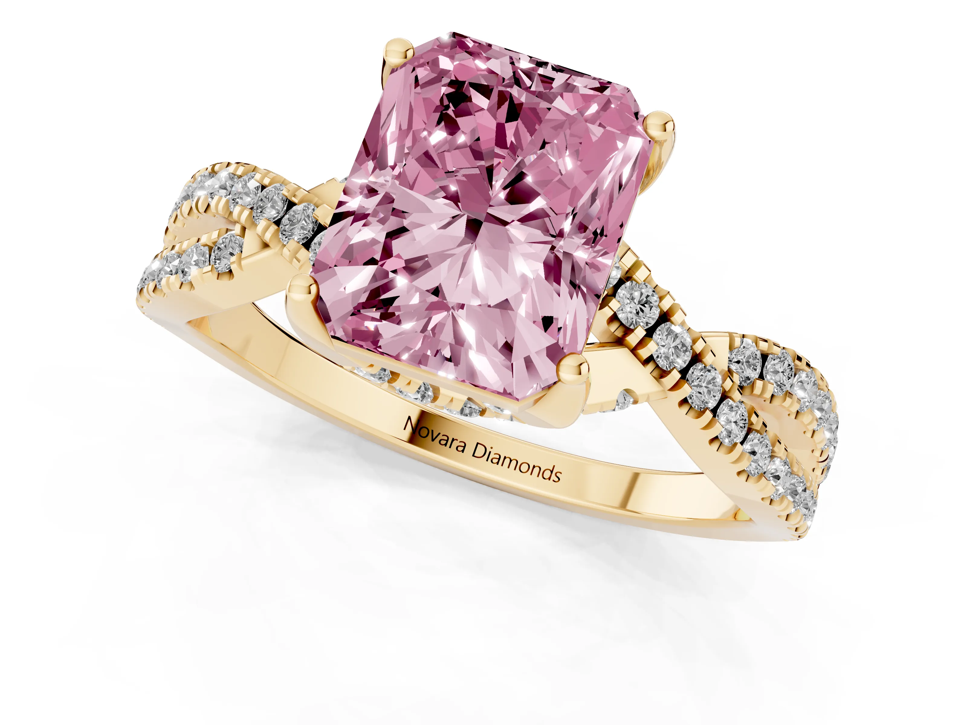 Fancy Pink Radiant Cut Diamond Twist Pavé Solitaire Engagement Ring Set in Yellow gold with Prong Setting