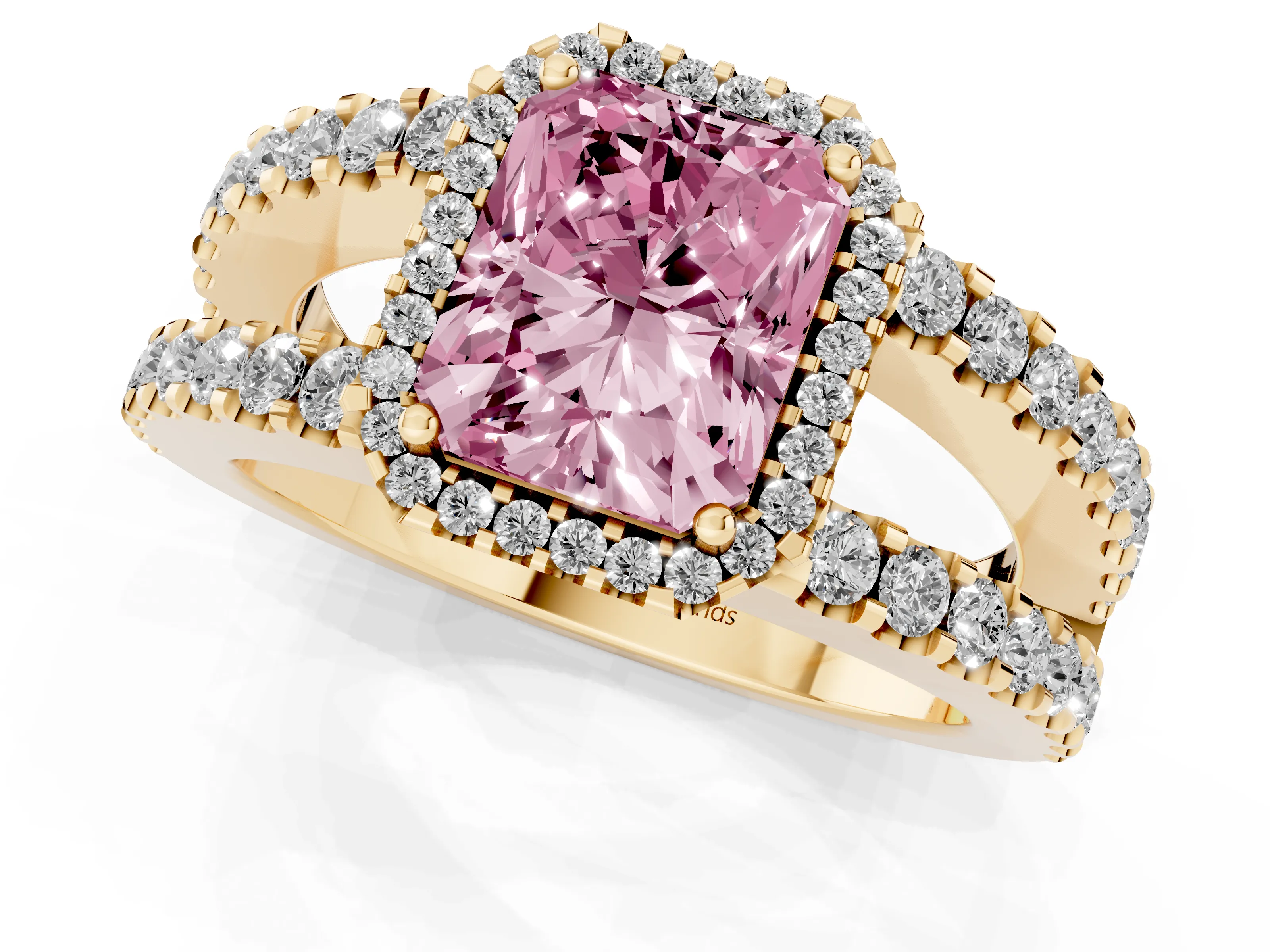 Fancy Pink Radiant Cut Diamond Halo Ring Set in Yellow gold with Pavé Split Shank and Prong Setting