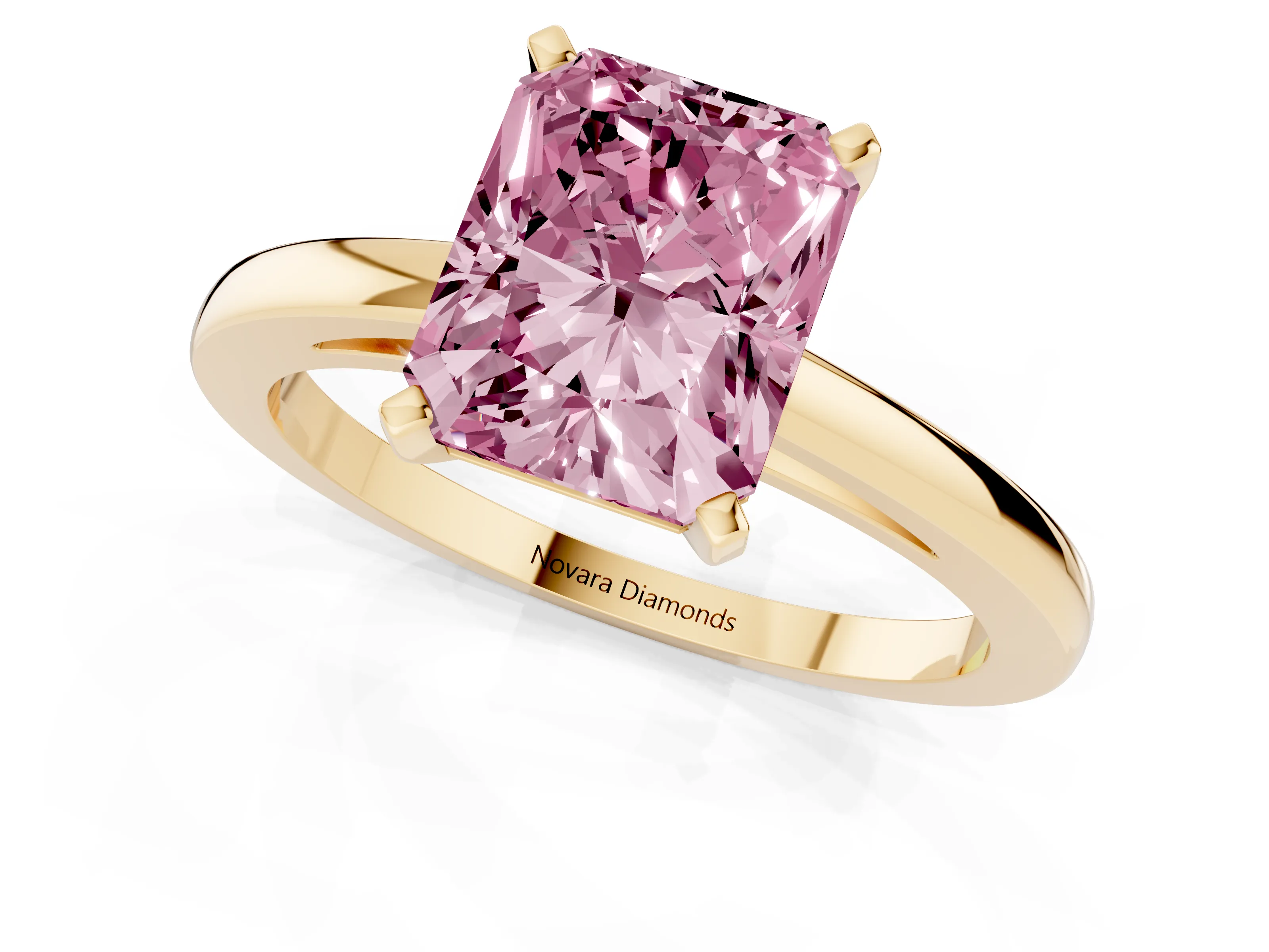 Fancy Pink Radiant Cut Diamond Solitaire Engagement Ring Set in Yellow gold with Prong Setting on a Classic Band