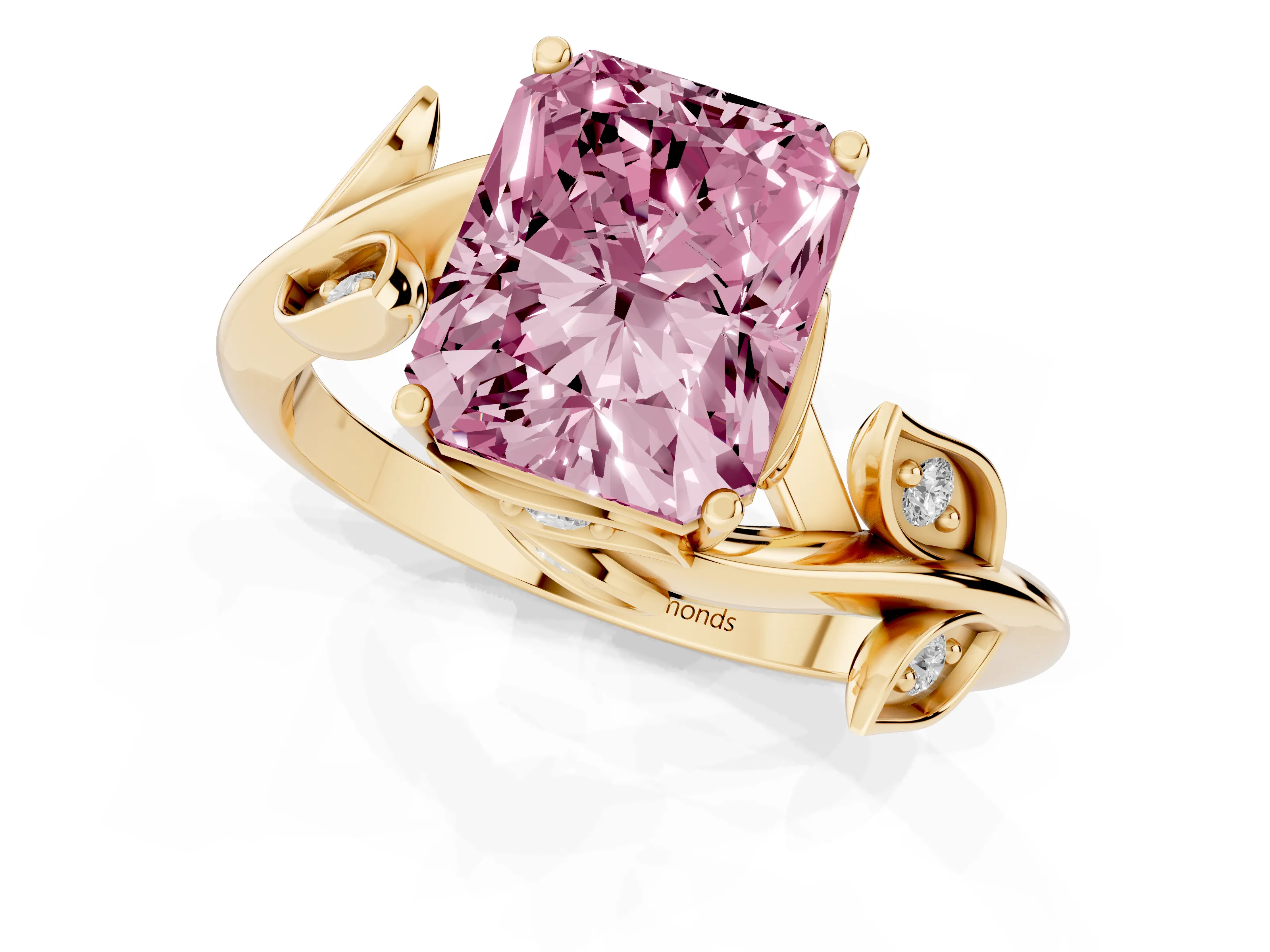 Fancy Pink Radiant Cut Diamond Solitaire Twist Engagement Ring Set in Yellow gold with Pavé Leaf Accents