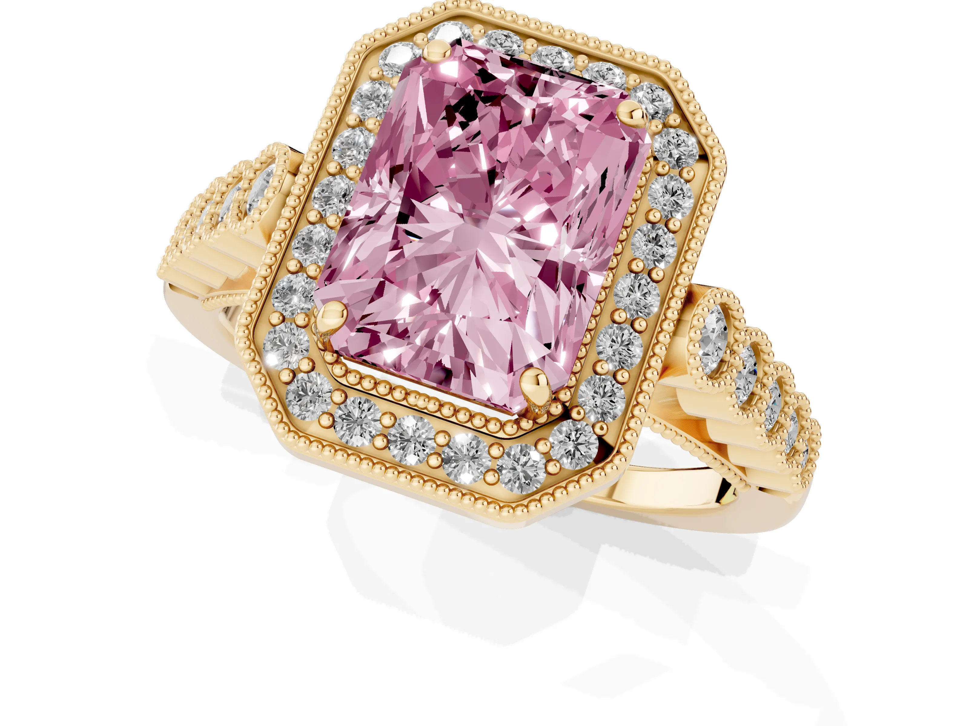 Fancy Pink Radiant Cut Diamond Milgrain Halo Solitaire Ring Set in Yellow gold with Bezel Set Side Stones and Pavé Band