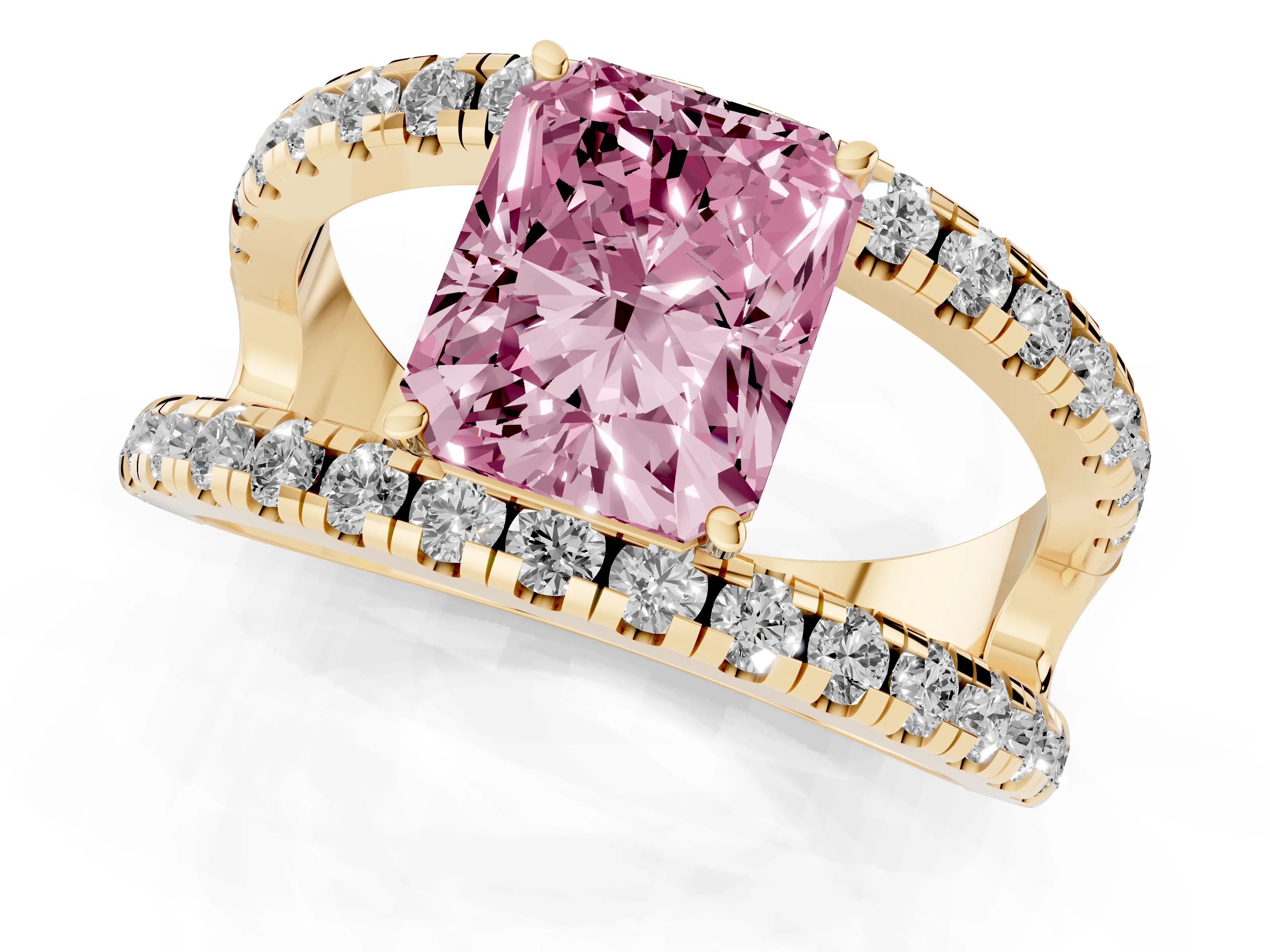 Fancy Pink Radiant Cut Diamond Split Shank Pavé Solitaire Ring Set in Yellow gold with Open Shank Design