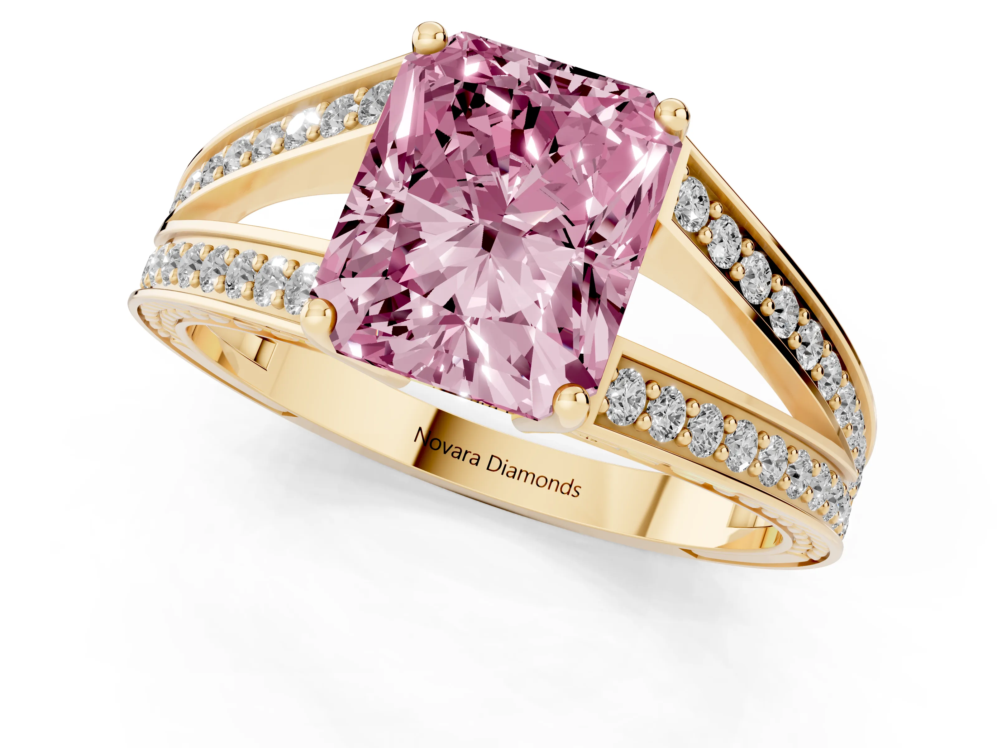 Fancy Pink Radiant Cut Diamond Split Shank Ring Set in Yellow gold with Pavé Band and Prong Setting